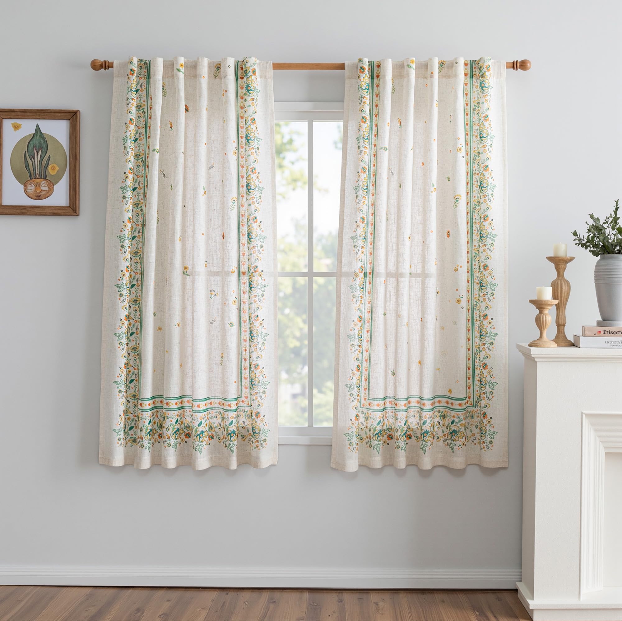 MYSKY HOME Sheer Curtains 84 Inches Long 2 Panels Linen Blended Farmhouse Curtains & Drapes for Living Room Bedroom, Light Filtering Privacy Curtains Floral Printed Classical Home Decor, Navy Blue(2)