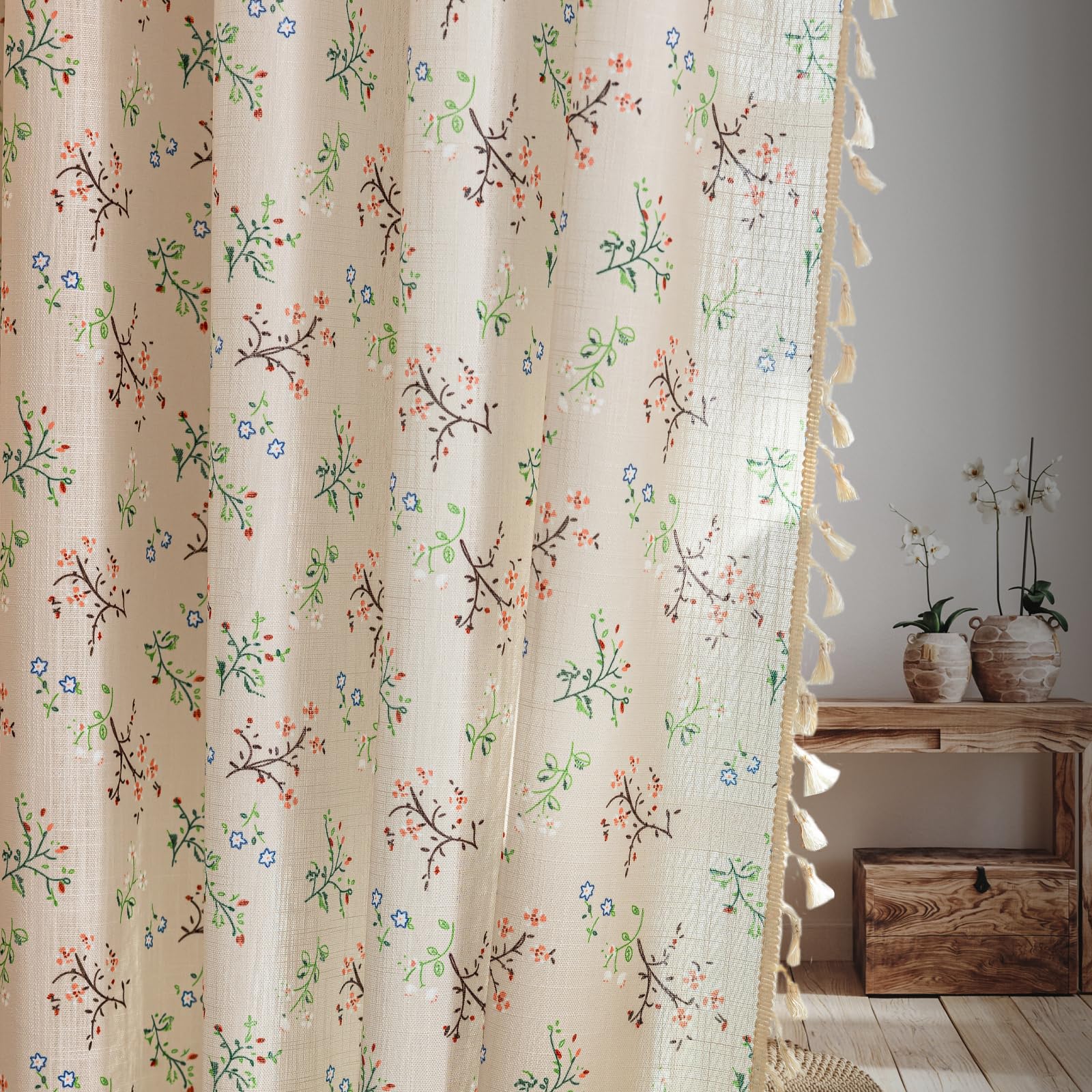 Green Boho Floral Curtains 84", 2 Panels Cotton Linen Semi-Blackout Drapes with Tassel