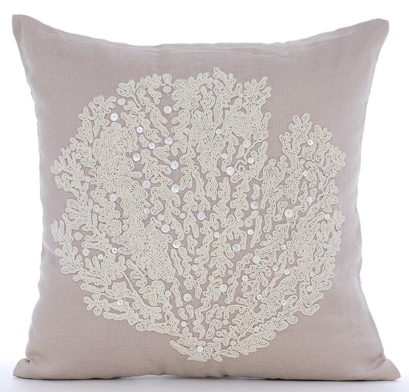 The HomeCentric Decorative Pillow Covers Beige Pack of 2, 20"x20" (50x50 cm) Linen Embroidery Cushion Covers for Sofa, Geometric Modern Style - Juliette