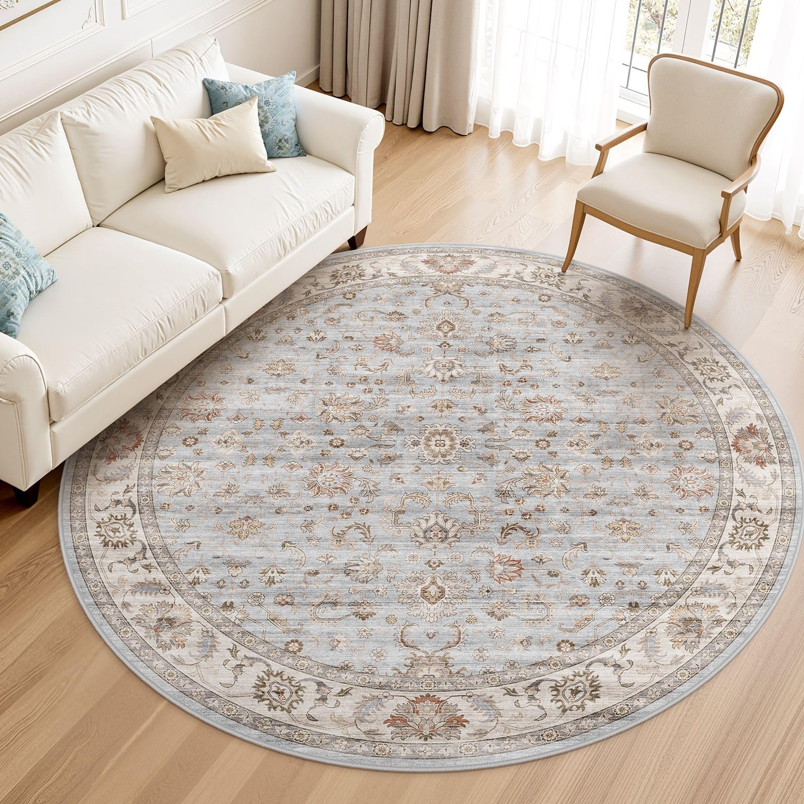 WITSHOCK 10x14 Area Rugs Living Room: Washable Large Neutral Vintage Soft Rug Stain Resistant Non-Slip Farmhouse Indoor Low Pile Floor Carpet for Bedroom Nursery Kids Office- Light Blue
