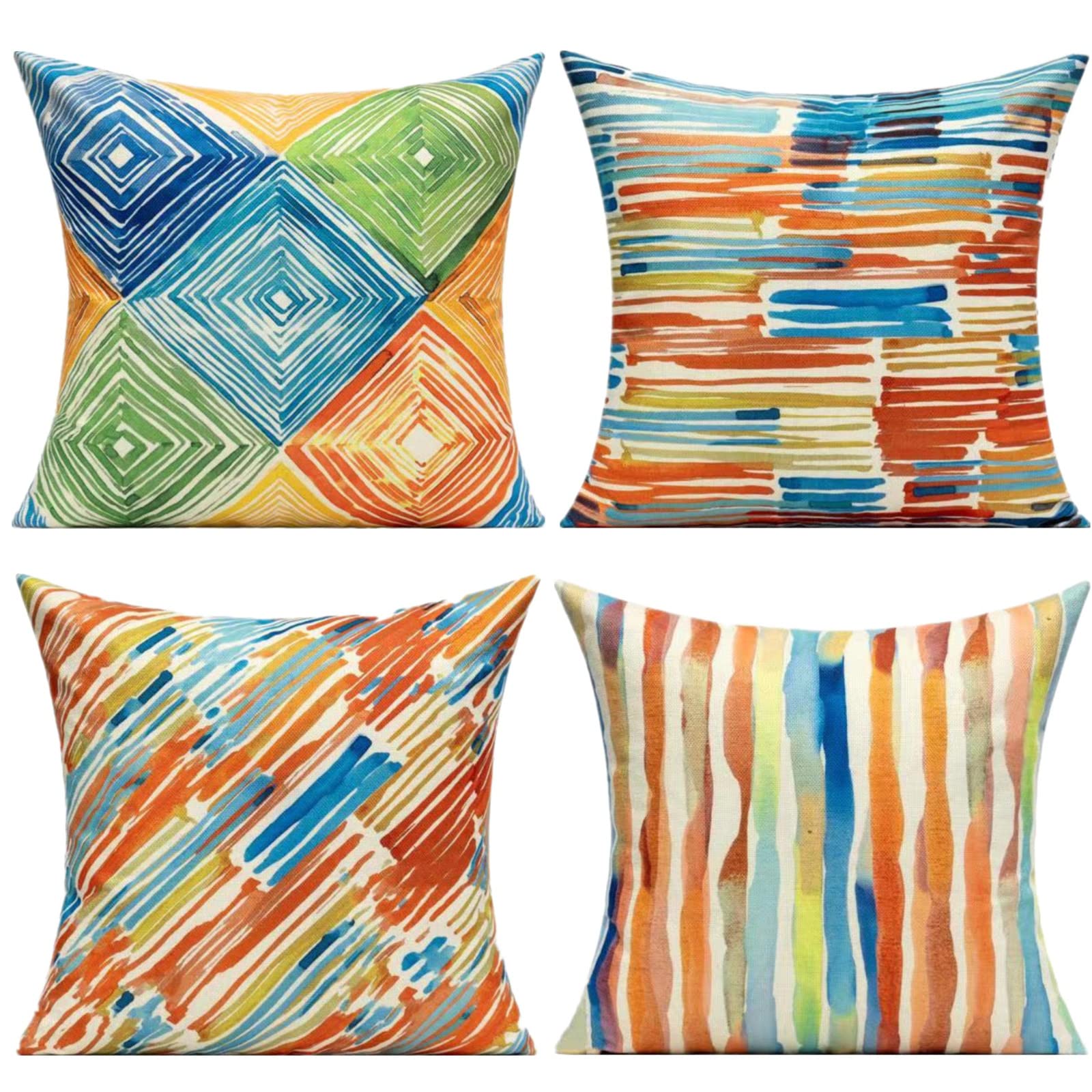 20x20 Colorful Abstract Modern Throw Pillow Covers Outdoor Couch Furniture Geometric Striped Square Decorative Patio Cushion Covers Home Décor for Bedroom Sofa Bench Porch Set of 4