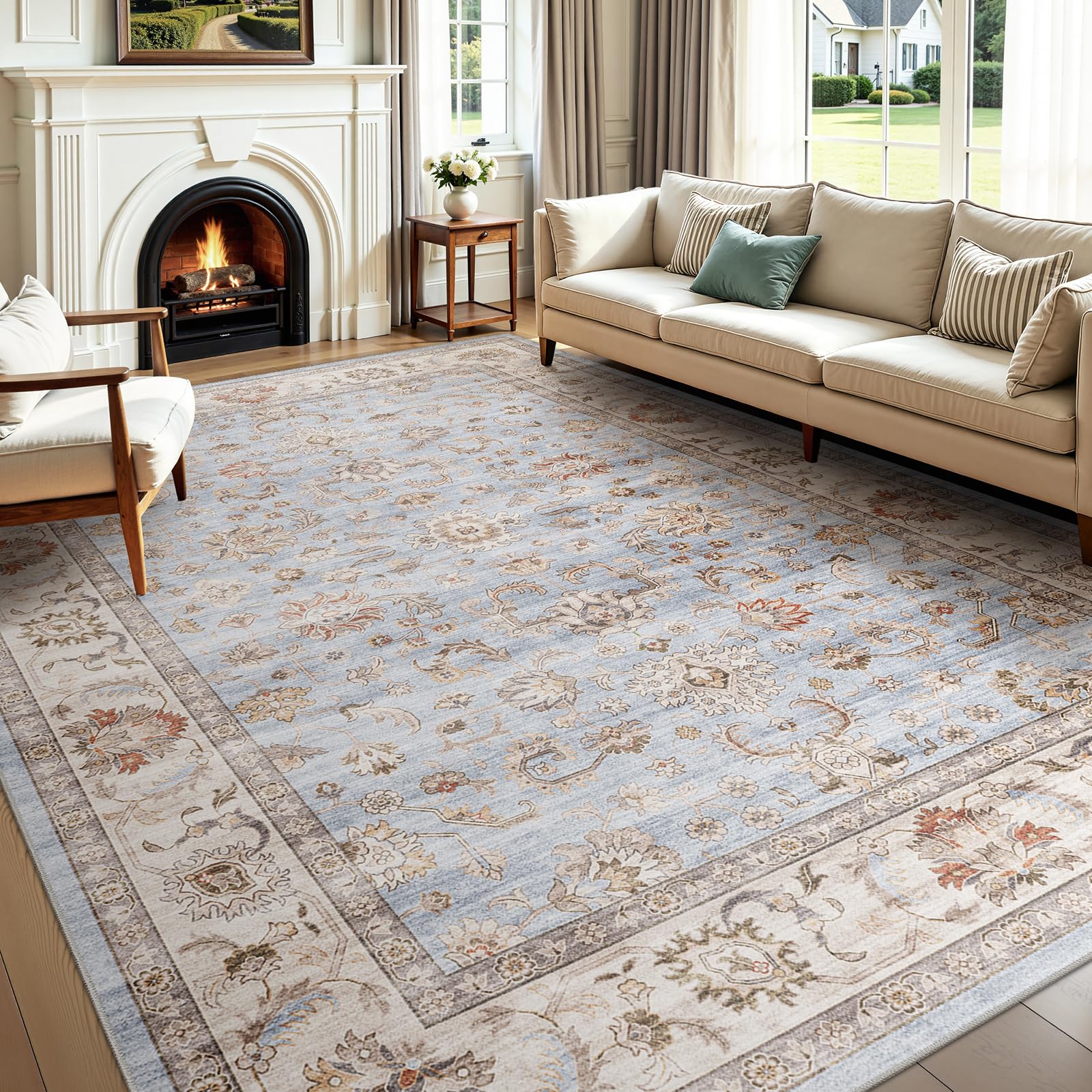 WITSHOCK 10x14 Area Rugs Living Room: Washable Large Neutral Vintage Soft Rug Stain Resistant Non-Slip Farmhouse Indoor Low Pile Floor Carpet for Bedroom Nursery Kids Office- Light Blue