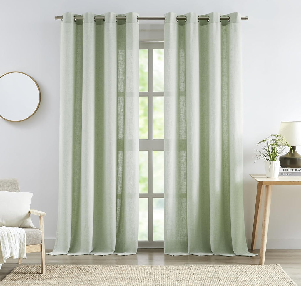 2 Panels Soft Green Linen Blend Sheer Curtains 58"x95", Grommet Light Filtering Drapes