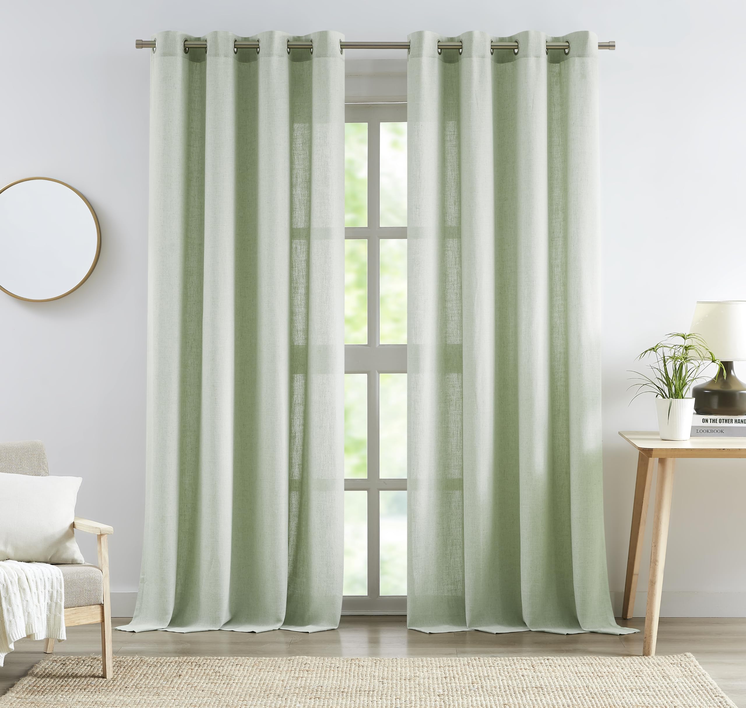 2 Panels Soft Green Linen Blend Sheer Curtains 58"x95", Grommet Light Filtering Drapes
