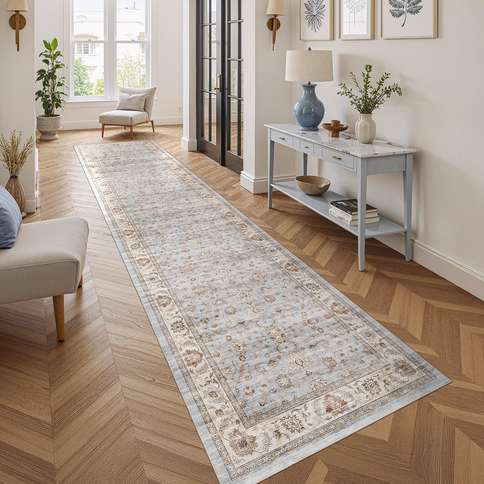 WITSHOCK 10x14 Area Rugs Living Room: Washable Large Neutral Vintage Soft Rug Stain Resistant Non-Slip Farmhouse Indoor Low Pile Floor Carpet for Bedroom Nursery Kids Office- Light Blue