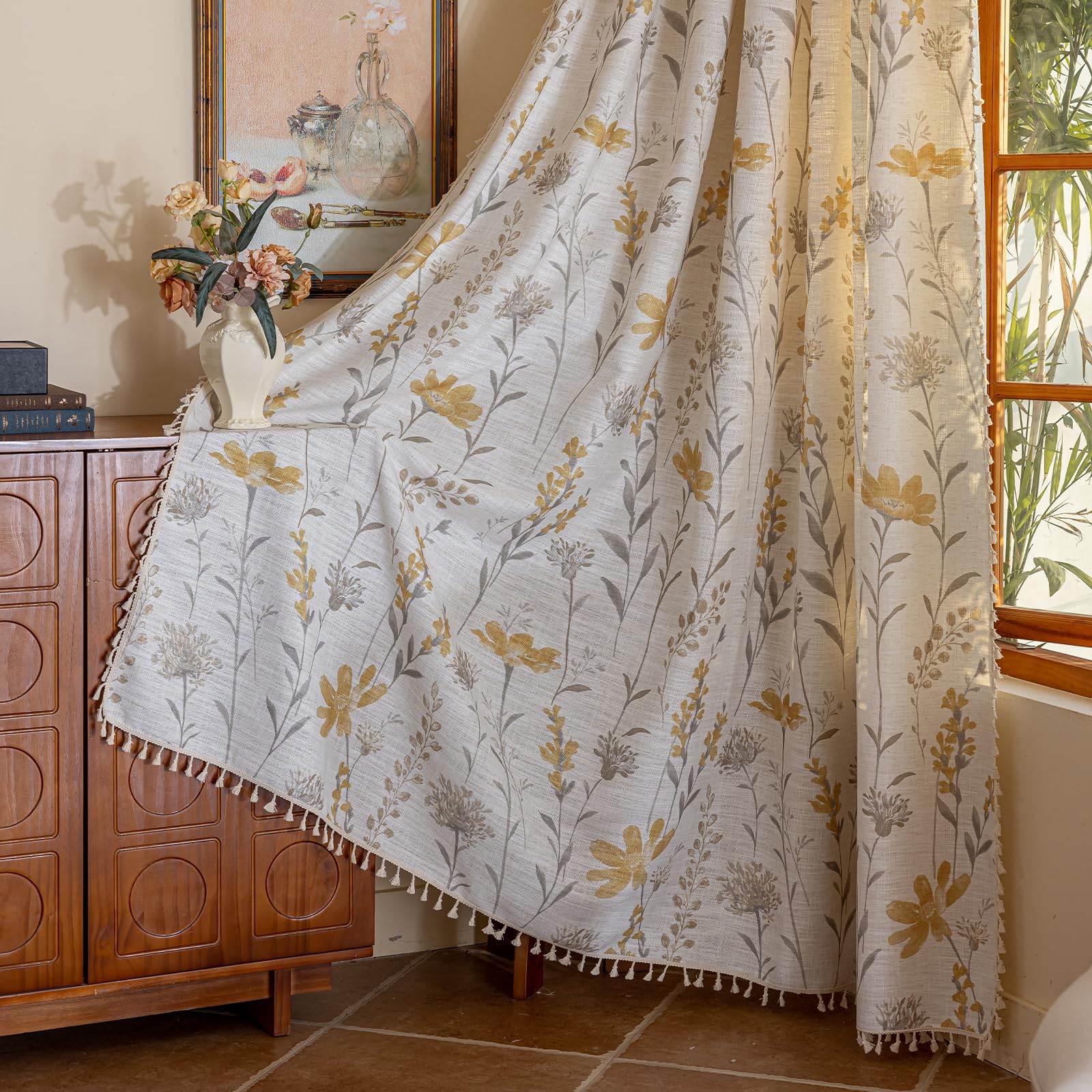 Green Boho Floral Curtains 84", 2 Panels Cotton Linen Semi-Blackout Drapes with Tassel