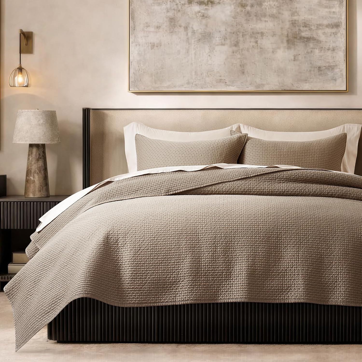 EVERGRACE Cotton Sateen Pick-Stitch Quilt Set Queen Size – 100% Cotton Coverlet Bedding, Pre-Washed Oversized Bedspread, Breathable All-Season Quilt Set with 2 Shams, Stone Taupe