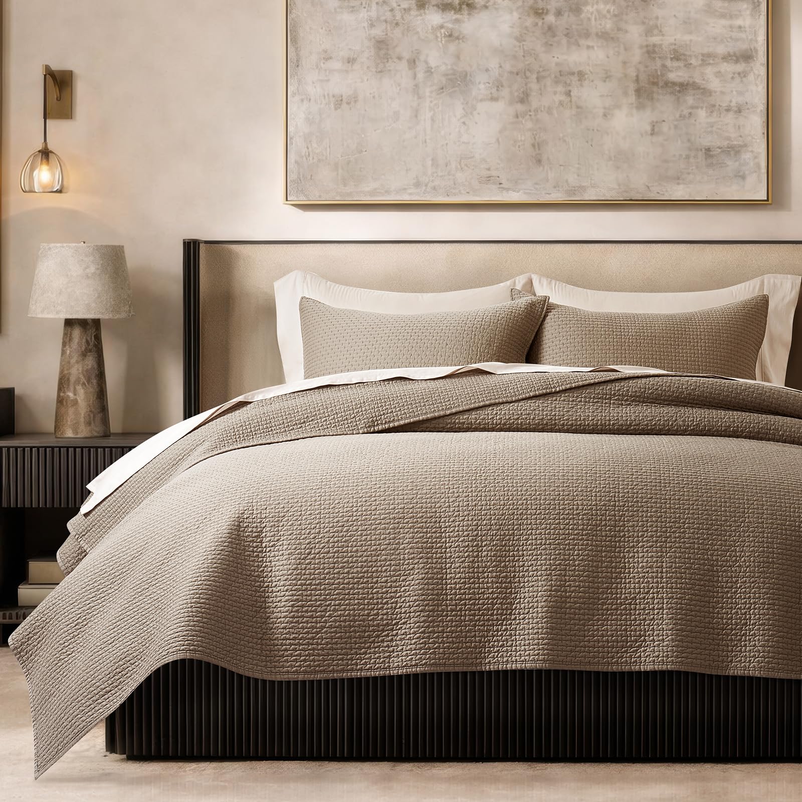 EVERGRACE Cotton Sateen Pick-Stitch Quilt Set Queen Size – 100% Cotton Coverlet Bedding, Pre-Washed Oversized Bedspread, Breathable All-Season Quilt Set with 2 Shams, Stone Taupe