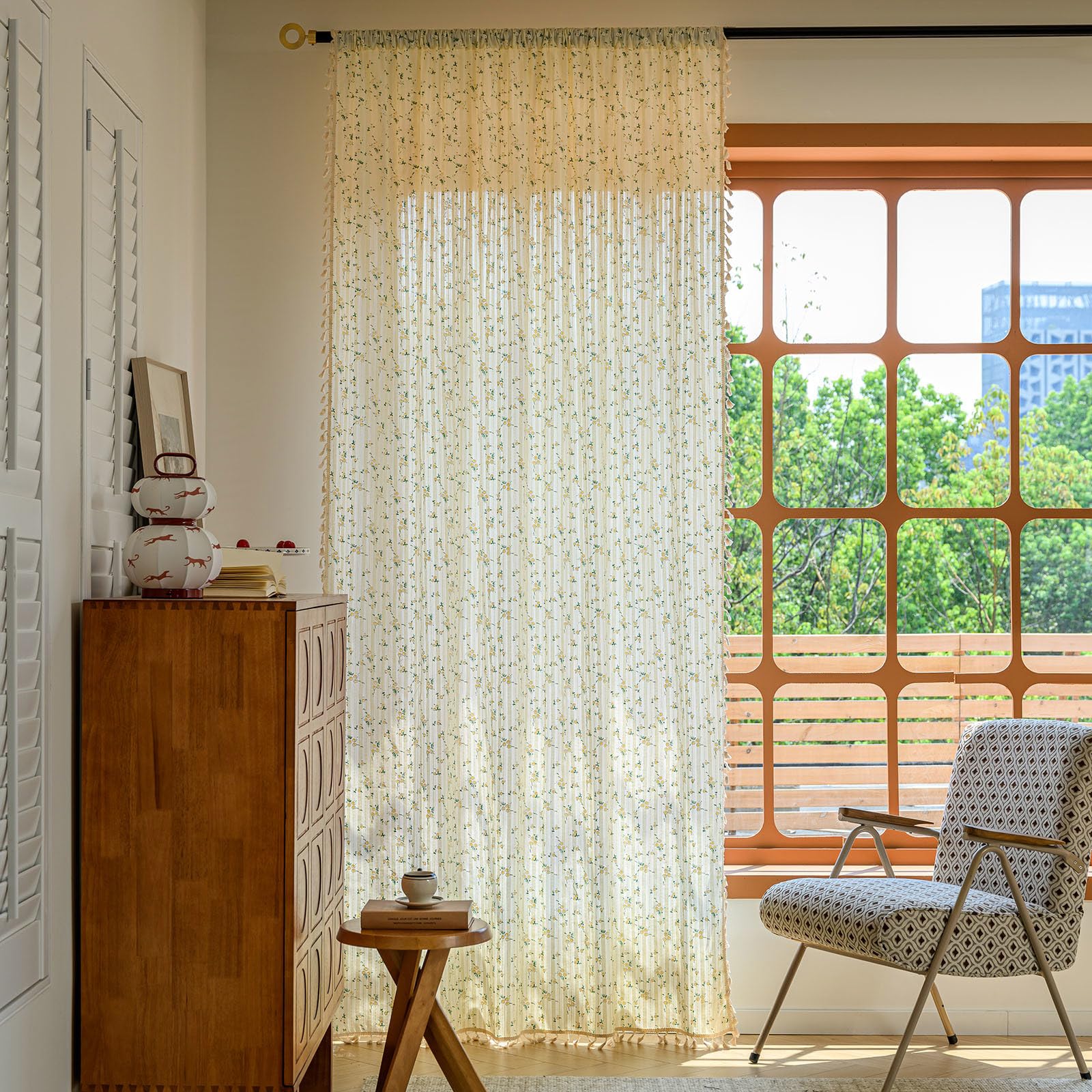 Green Boho Floral Curtains 84", 2 Panels Cotton Linen Semi-Blackout Drapes with Tassel