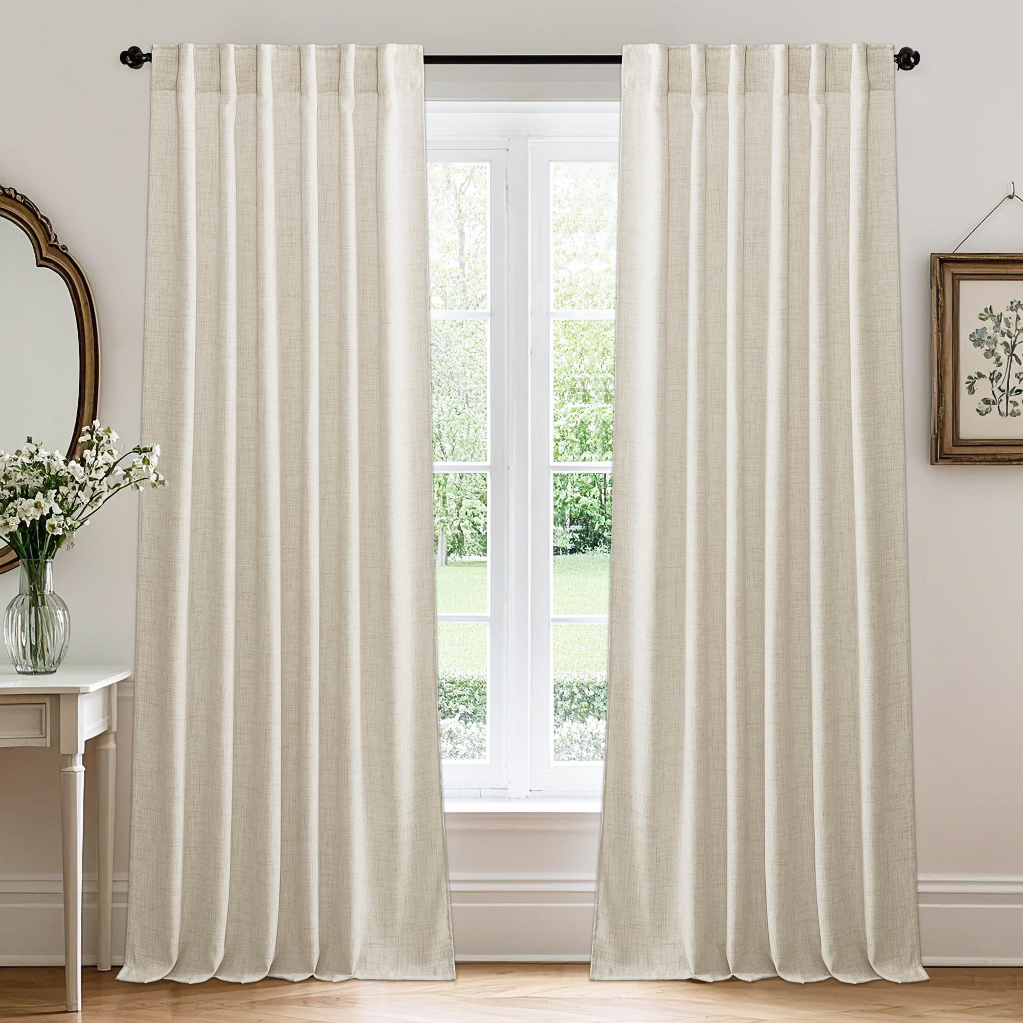 RYB HOME Semi Sheer Curtains - Linen Blend Privacy Curtains Sheer Window Treatment Drapes Farmhouse Decor for Bedroom Living Room Sliding Glass Door, 52 inch Wide x 95 inch Long 2 Panels, Linen