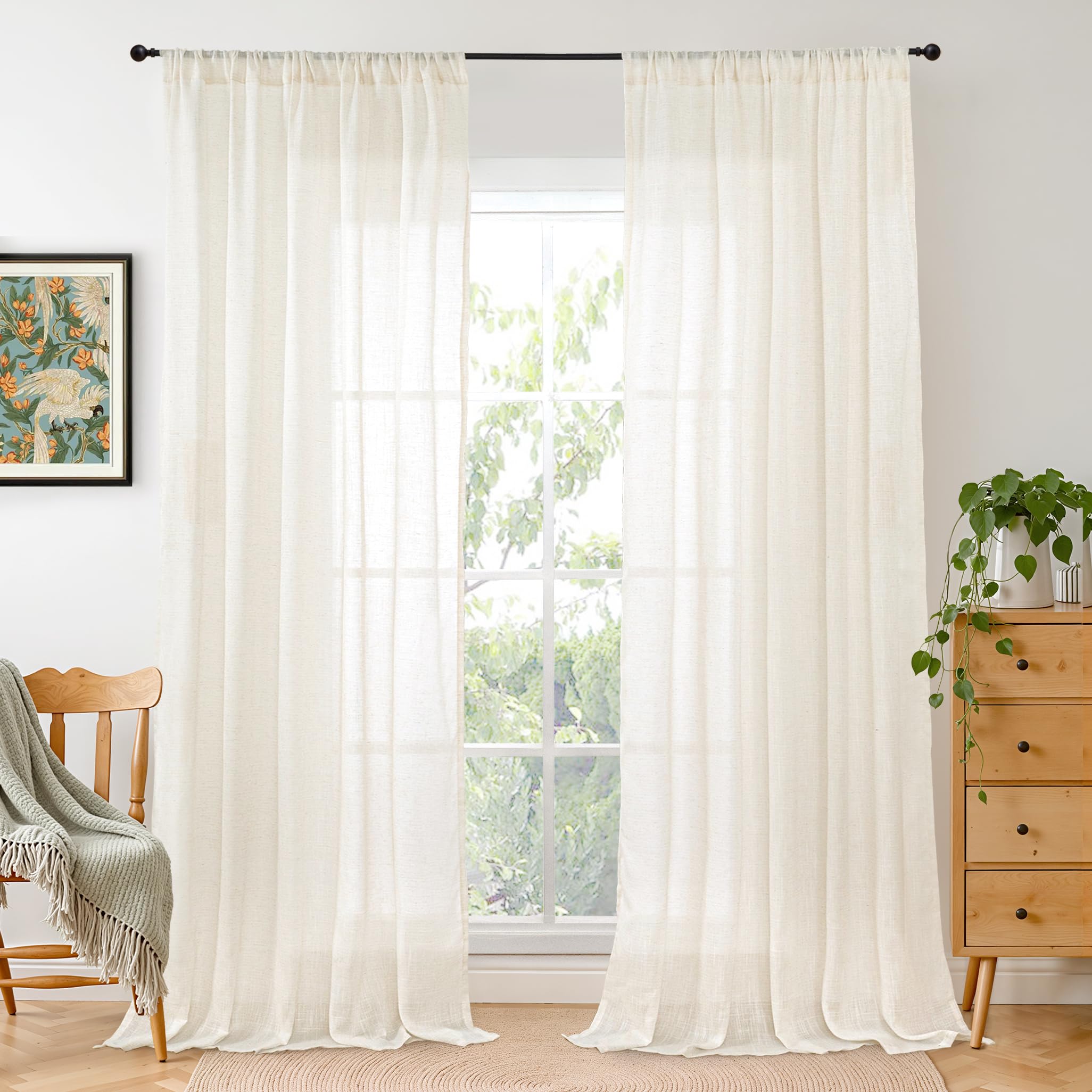 BGment 80 Inches Long Natural Linen Curtains 2 Panels Set - Burlap Light Filtering Window Drapes with Rod Pocket Semi Sheer for Farmhouse Bedroom Decor Rustic, 52 Inch Wide Each Panel