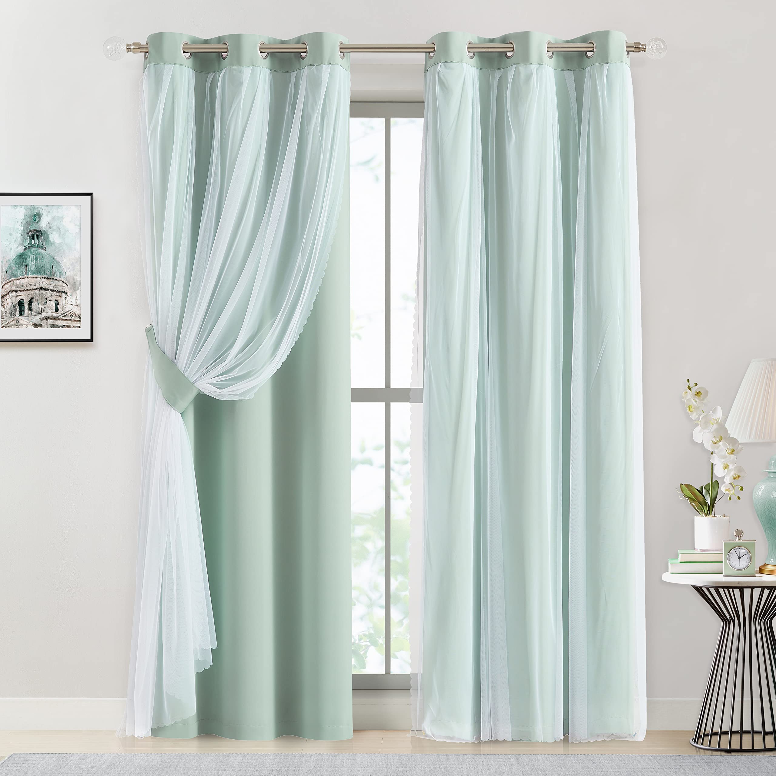 Bujasso Beige 90% Blackout Curtains with Sheer Overlay Mix and Match Double Layer Thermal Insulated Window Panels 84 inch for Living Room Bedroom Beige Drapes with Tiebacks Grommet Top 37" Wx84 Lx2