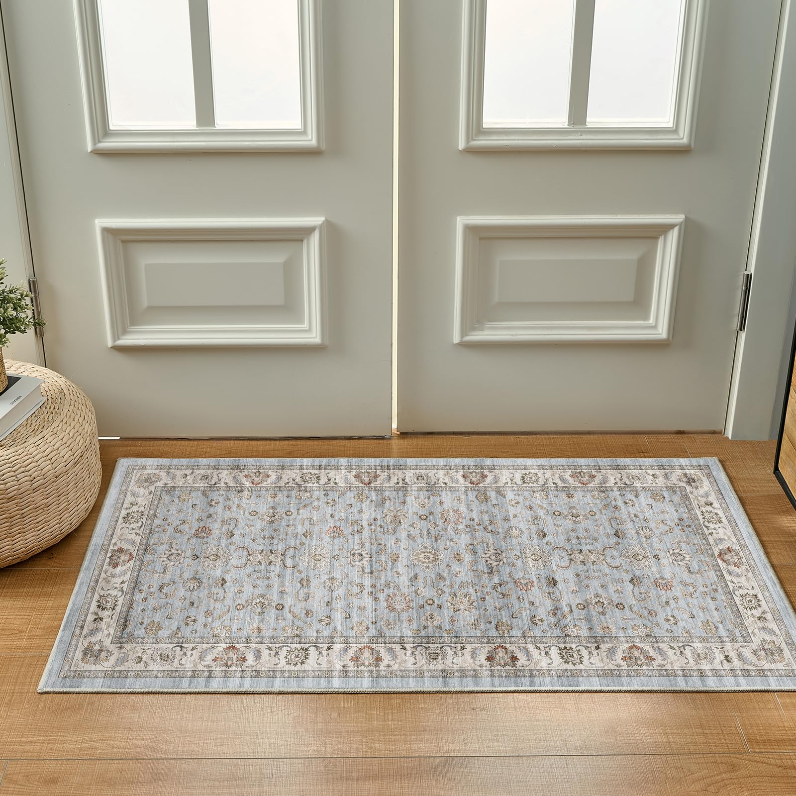 WITSHOCK 10x14 Area Rugs Living Room: Washable Large Neutral Vintage Soft Rug Stain Resistant Non-Slip Farmhouse Indoor Low Pile Floor Carpet for Bedroom Nursery Kids Office- Light Blue