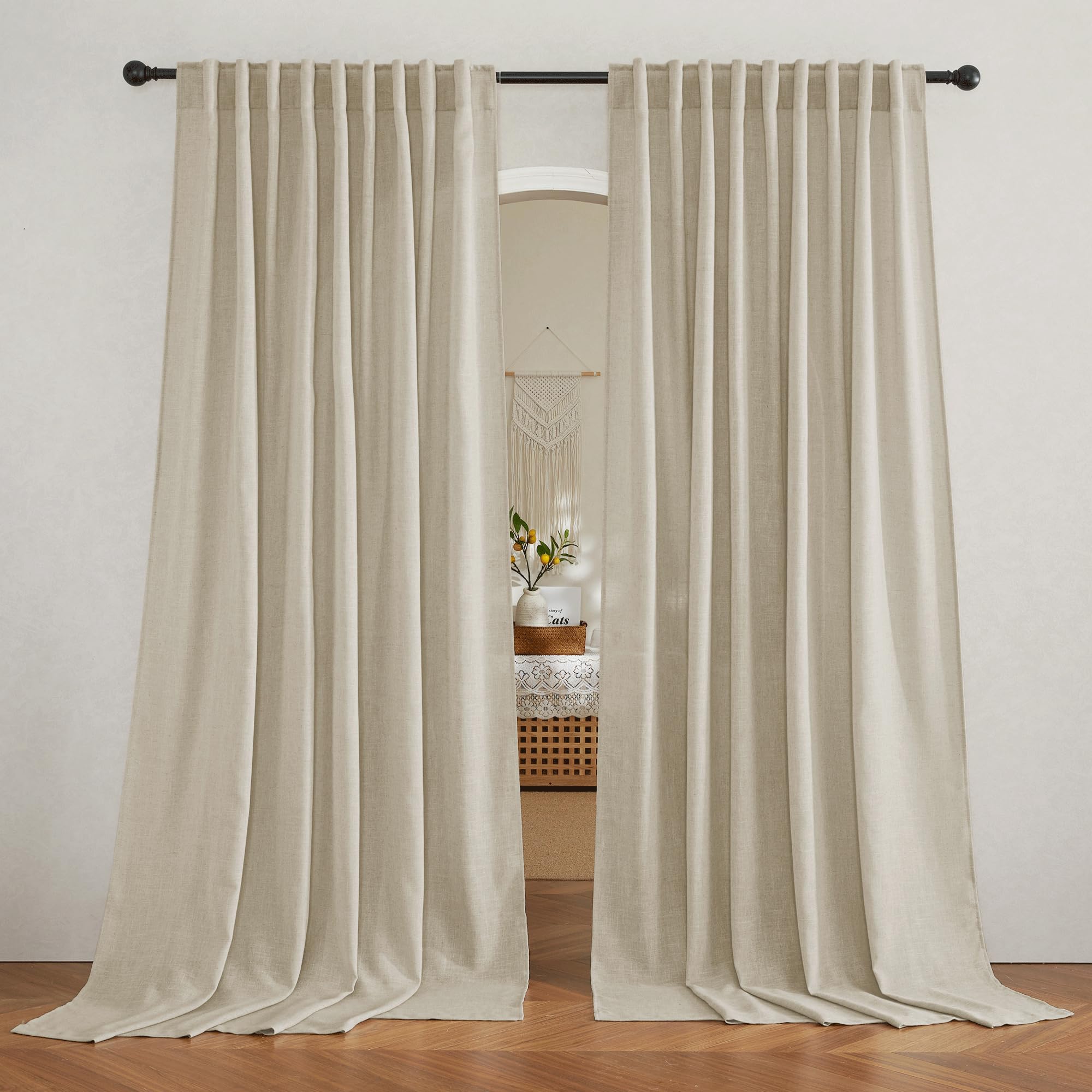 RYB HOME Semi Sheer Curtains - Linen Blend Privacy Curtains Sheer Window Treatment Drapes Farmhouse Decor for Bedroom Living Room Sliding Glass Door, 52 inch Wide x 95 inch Long 2 Panels, Linen