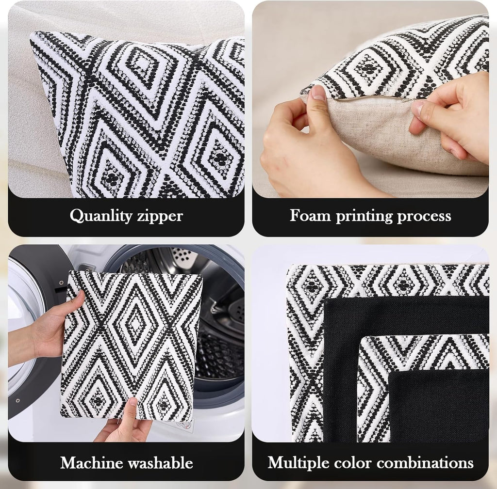 HPUK Decorative Throw Pillow Covers Set of 4 Geometric Design Linen Cushion Cover for Couch Sofa Living Room, 20"x20" inches, Black