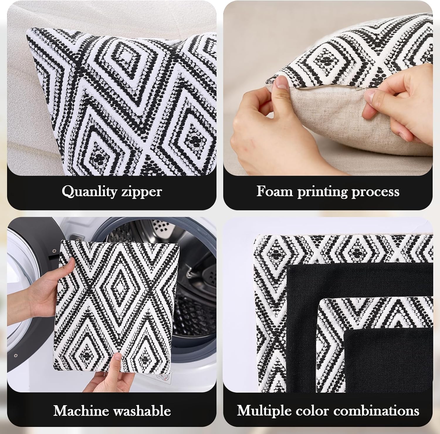 HPUK Decorative Throw Pillow Covers Set of 4 Geometric Design Linen Cushion Cover for Couch Sofa Living Room, 20"x20" inches, Black