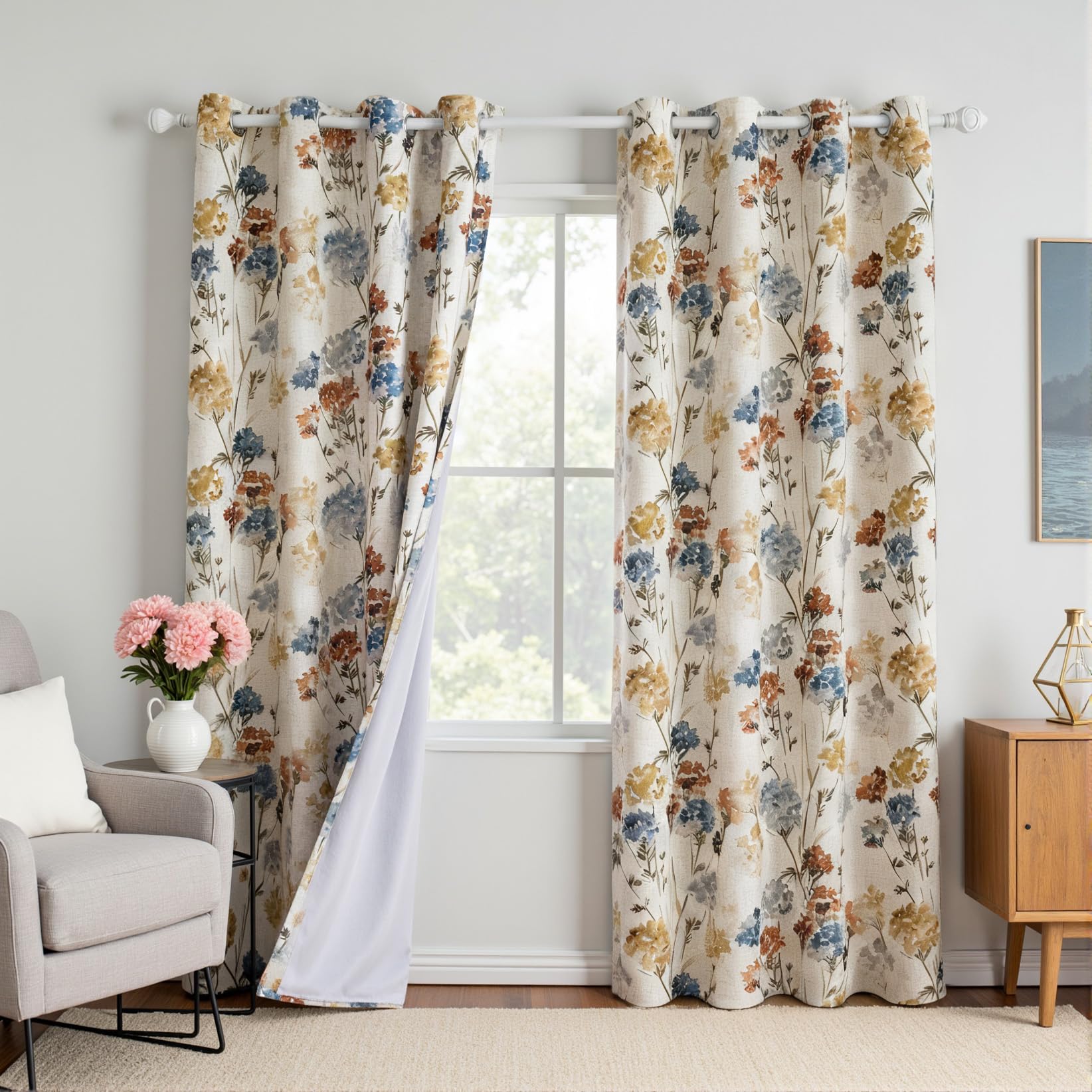 MYSKY HOME Floral Curtains for Living Room Linen Look Semi Sheer Vertical Light Filtering Privacy Drapes Decor Farmhouse Style Texture for Bedroom Dining Room, Brown, W52 x L84, Pack-2