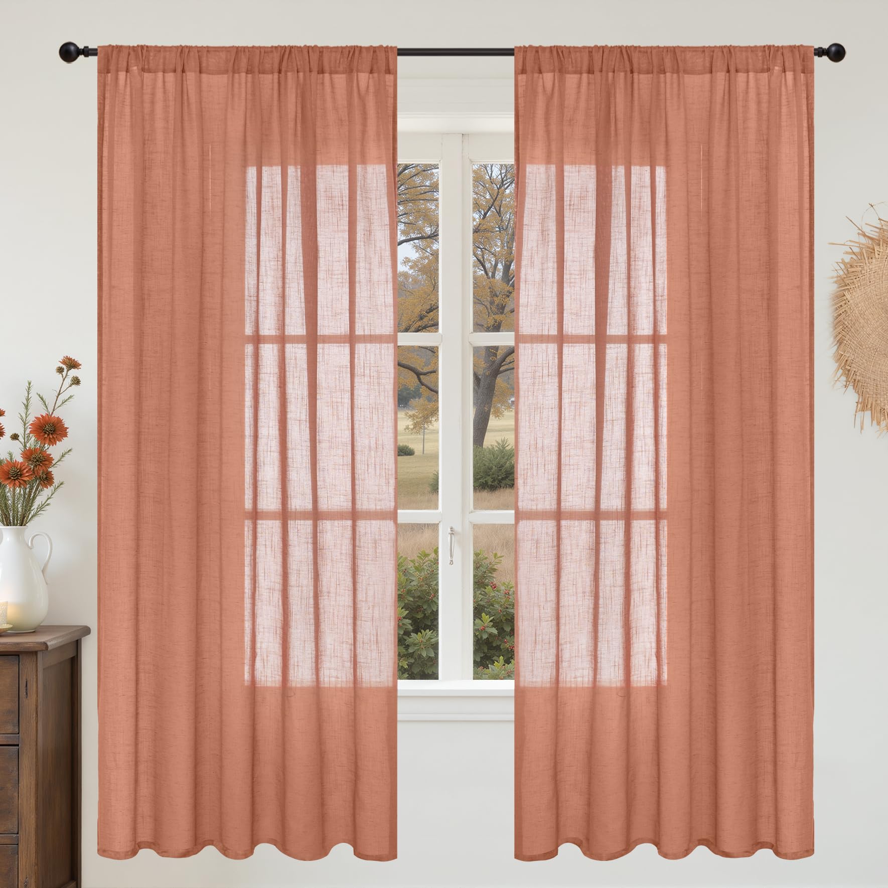 BGment 80 Inches Long Natural Linen Curtains 2 Panels Set - Burlap Light Filtering Window Drapes with Rod Pocket Semi Sheer for Farmhouse Bedroom Decor Rustic, 52 Inch Wide Each Panel