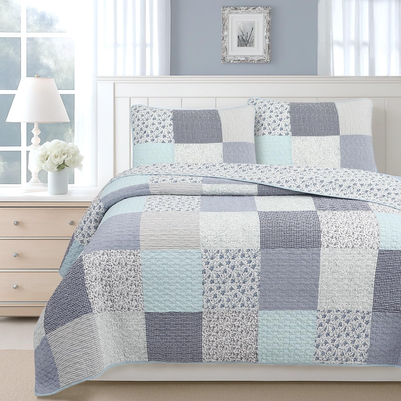 Cozy Line Home Fashions 100% Cotton Reversible Quilt Bedding Set, Classic Taupe Tan Striped Patchwork All-Season Coverlet Bedspread (Winter Plains, Queen-3 Piece)
