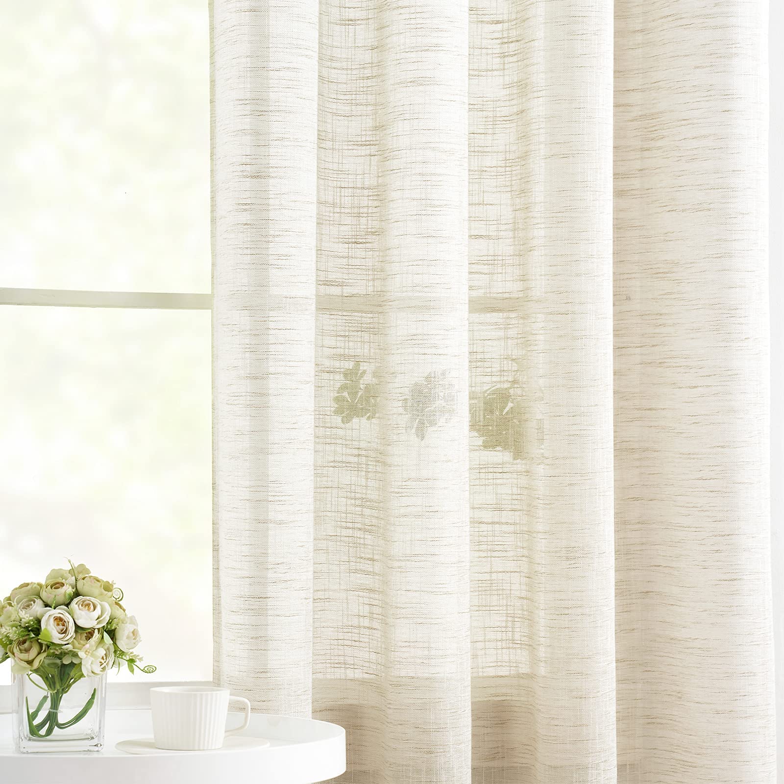 Semi Sheer Curtains for Living Room 95 inch Length Natural Linen Semi Sheer Curtain Drapes for Bedroom Light Filtering Farmhouse Country Rustic Window Curtains 52"w 2 Panels Rod Pocket Beige