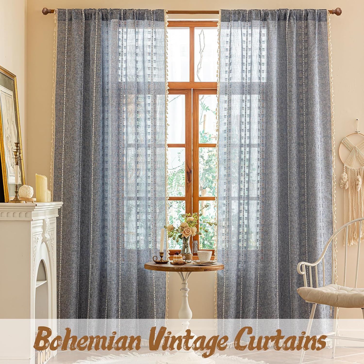 Blue Boho Sheer Curtains 72 inches Long 2 Panels for Bedroom, Light filtering Semi Sheer Bohemian French Country Privacy Tassels Vintage Chic Embroidery Stripes Window Curtains Back Tab, 50" W