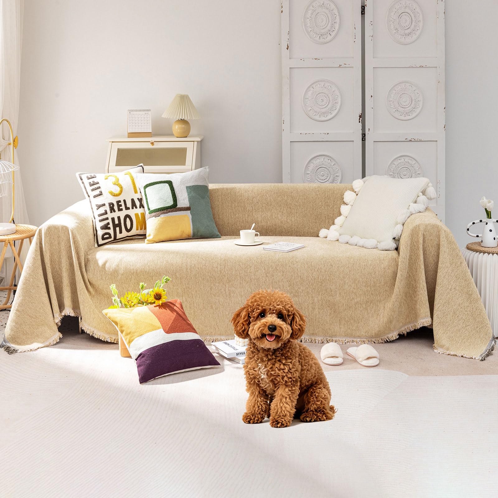 VClife Boho Couch Cover, Washable Sofa Cover for Dog, Non Slip Couch Covers for 3 Cushion Couch, Modern Khaki Creamy White Geometric Sofa Slipcovers Multi-Functional Furniture Protector 71'' x 134''