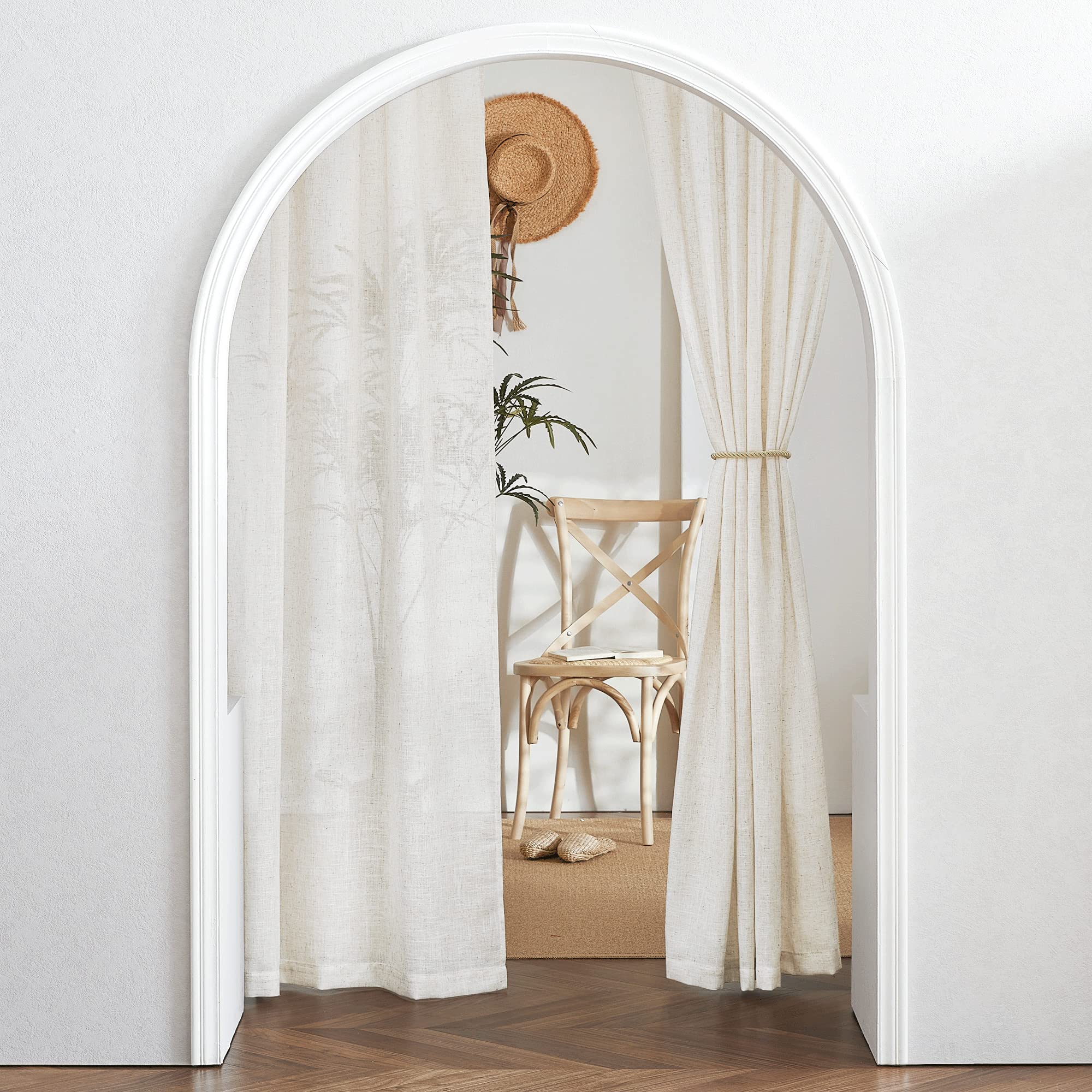 RYB HOME Semi Sheer Curtains - Linen Blend Privacy Curtains Sheer Window Treatment Drapes Farmhouse Decor for Bedroom Living Room Sliding Glass Door, 52 inch Wide x 95 inch Long 2 Panels, Linen