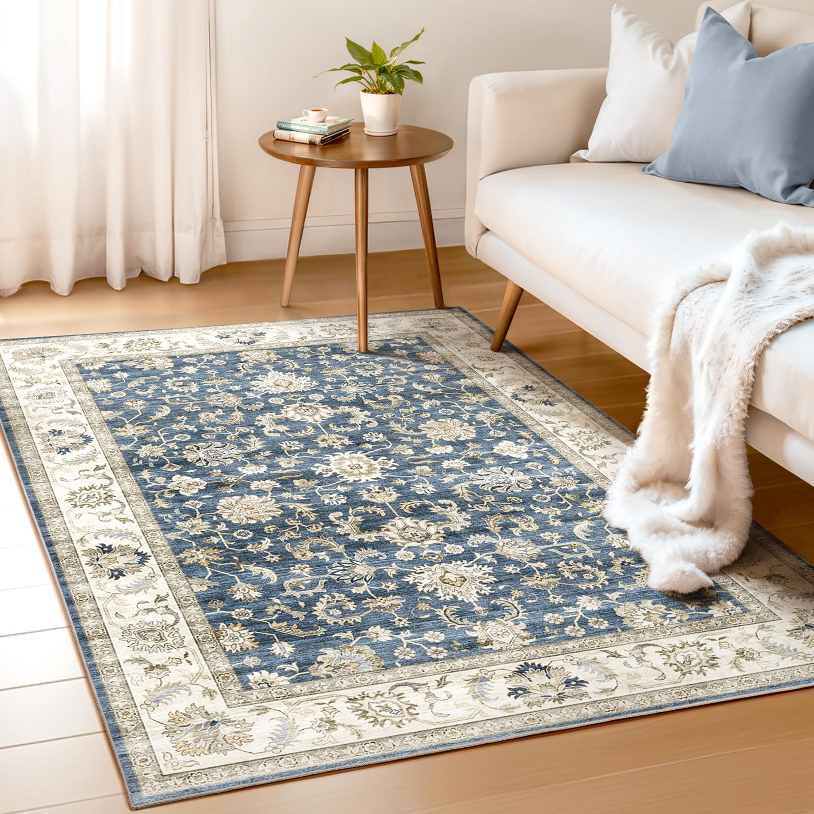 WITSHOCK 10x14 Area Rugs Living Room: Washable Large Neutral Vintage Soft Rug Stain Resistant Non-Slip Farmhouse Indoor Low Pile Floor Carpet for Bedroom Nursery Kids Office- Light Blue