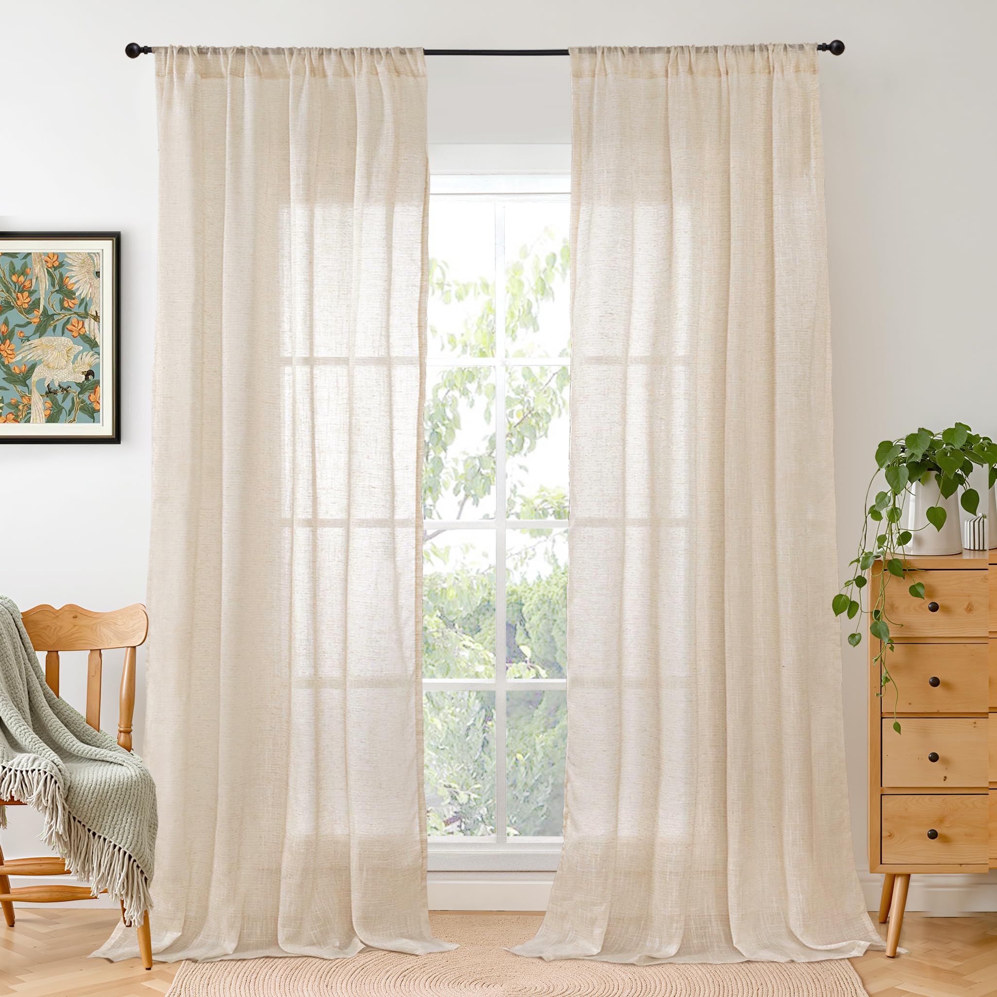 BGment 80 Inches Long Natural Linen Curtains 2 Panels Set - Burlap Light Filtering Window Drapes with Rod Pocket Semi Sheer for Farmhouse Bedroom Decor Rustic, 52 Inch Wide Each Panel
