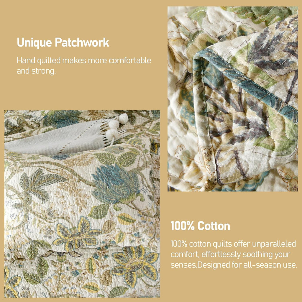 DURLENGEN Forest 100% Cotton Queen Quilt 3Pcs,Bohemian Reversible Leaves & Flowers Pattern on White, Luxury Lightweight Coverlet Sets for All Season(Queen 90x96,Forest)