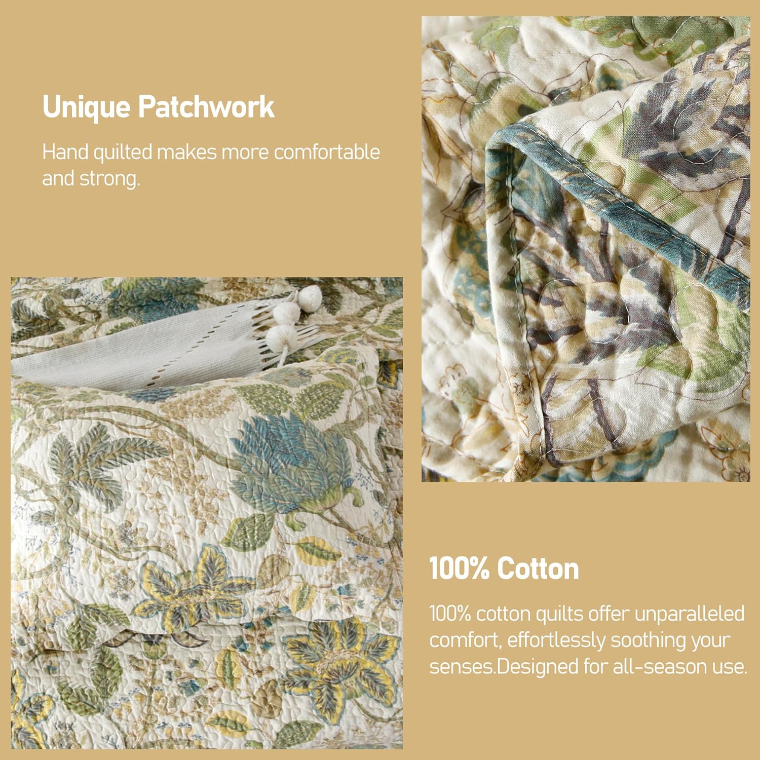 DURLENGEN Forest 100% Cotton Queen Quilt 3Pcs,Bohemian Reversible Leaves & Flowers Pattern on White, Luxury Lightweight Coverlet Sets for All Season(Queen 90x96,Forest)