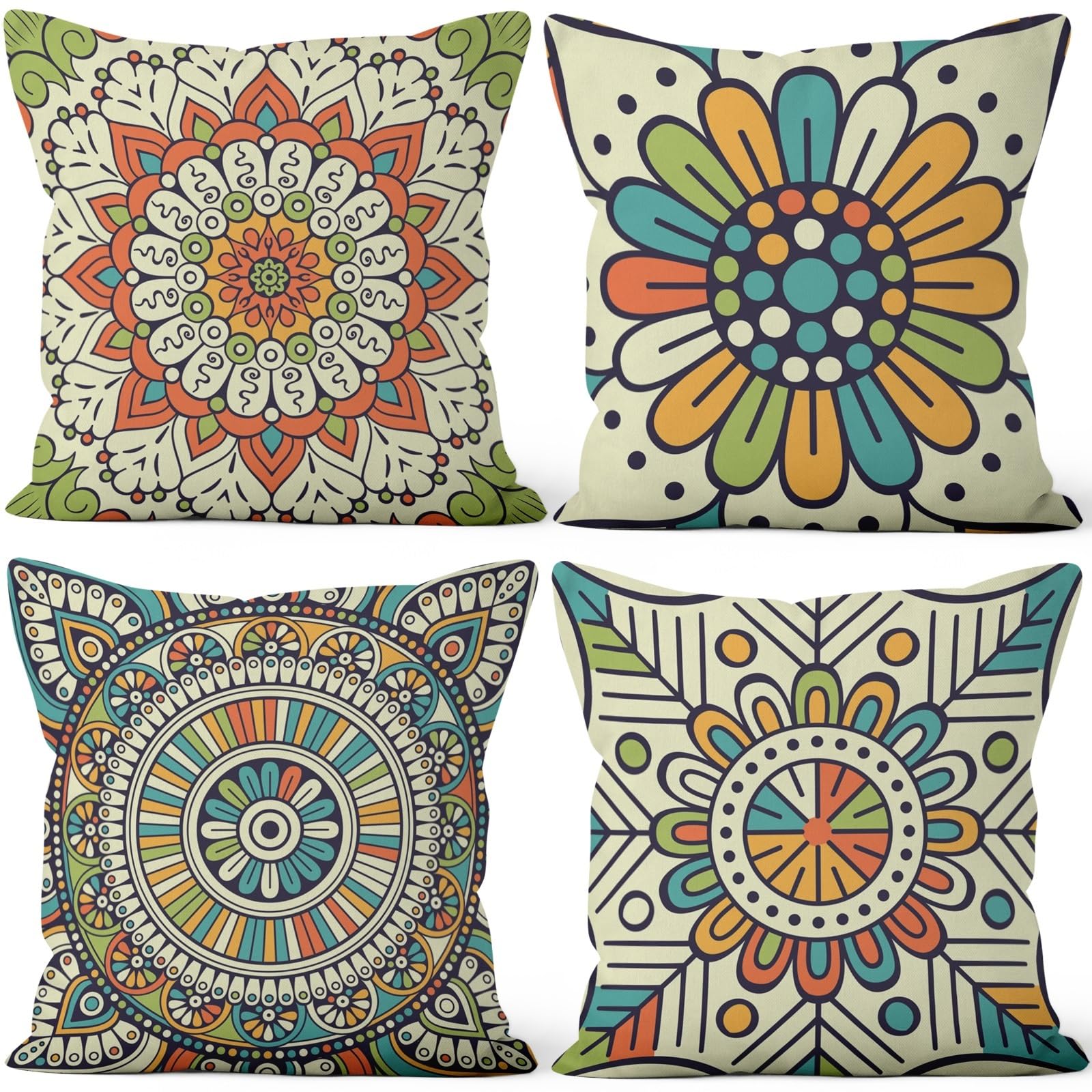 4 Pcs/Set Geometric Pillow Covers Boho Abstract Strips Patchwork Color Geometric Ethnic Colorful Vintage Artwork Linen Throw Cushion Cases for Couch Sofa Bedroom Decorative, 22"x22"