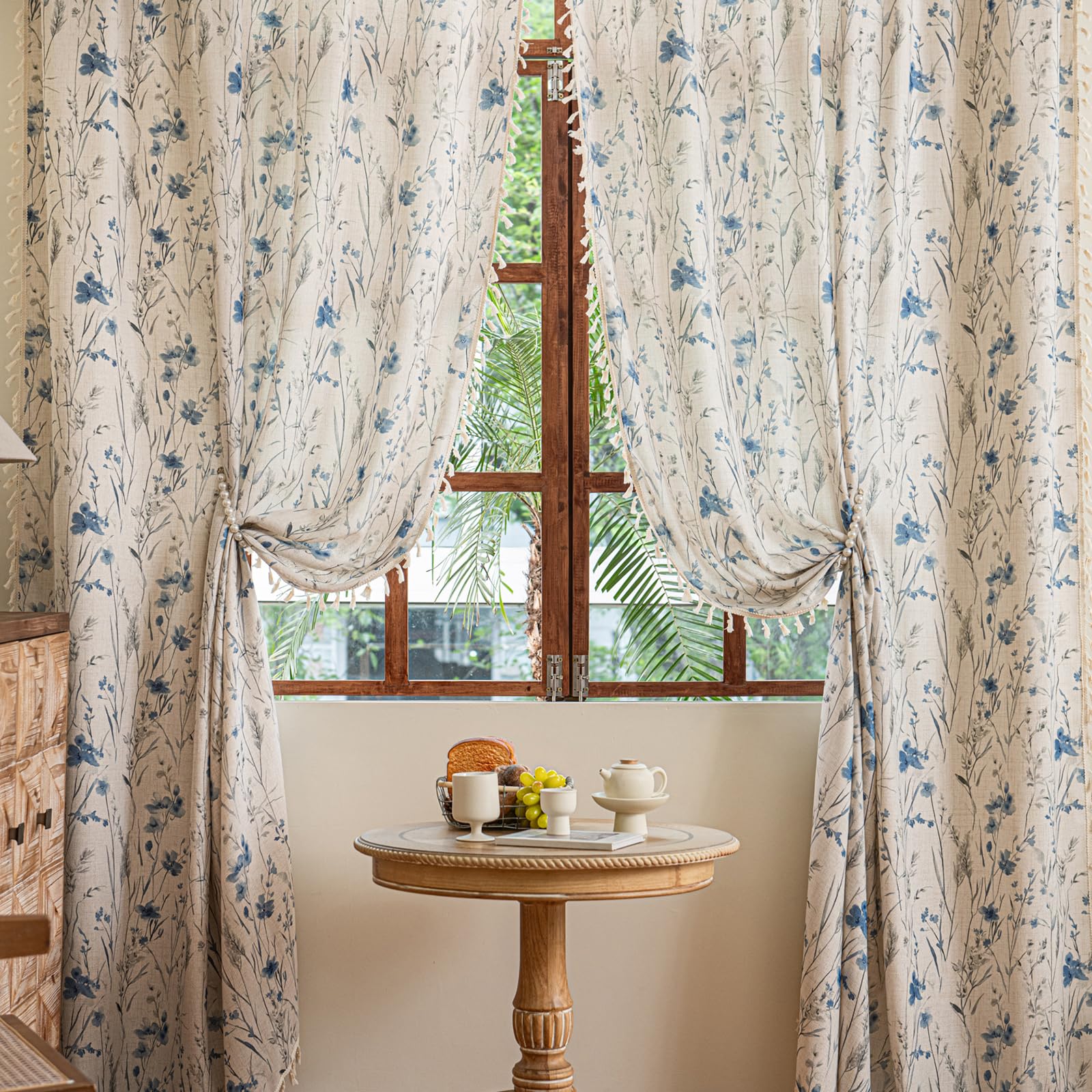 Green Boho Floral Curtains 84", 2 Panels Cotton Linen Semi-Blackout Drapes with Tassel