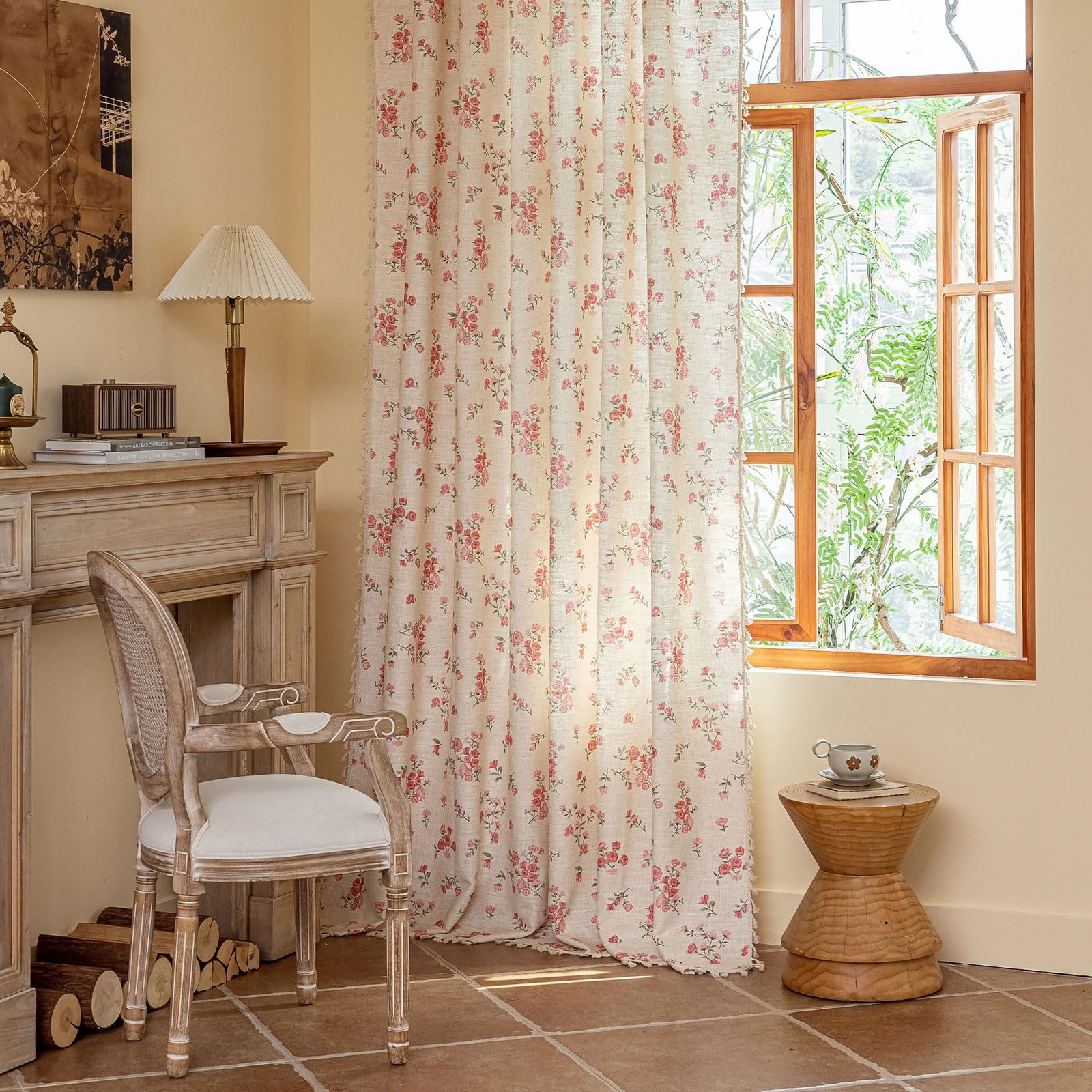 Green Boho Floral Curtains 84", 2 Panels Cotton Linen Semi-Blackout Drapes with Tassel