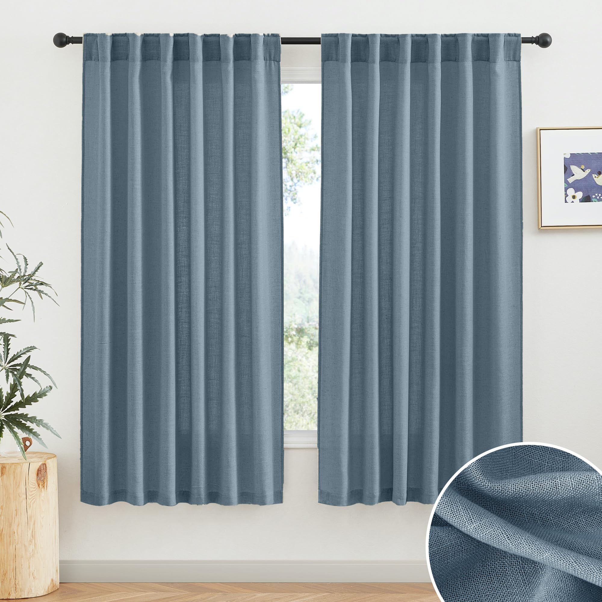 RYB HOME Semi Sheer Curtains - Linen Blend Privacy Curtains Sheer Window Treatment Drapes Farmhouse Decor for Bedroom Living Room Sliding Glass Door, 52 inch Wide x 95 inch Long 2 Panels, Linen