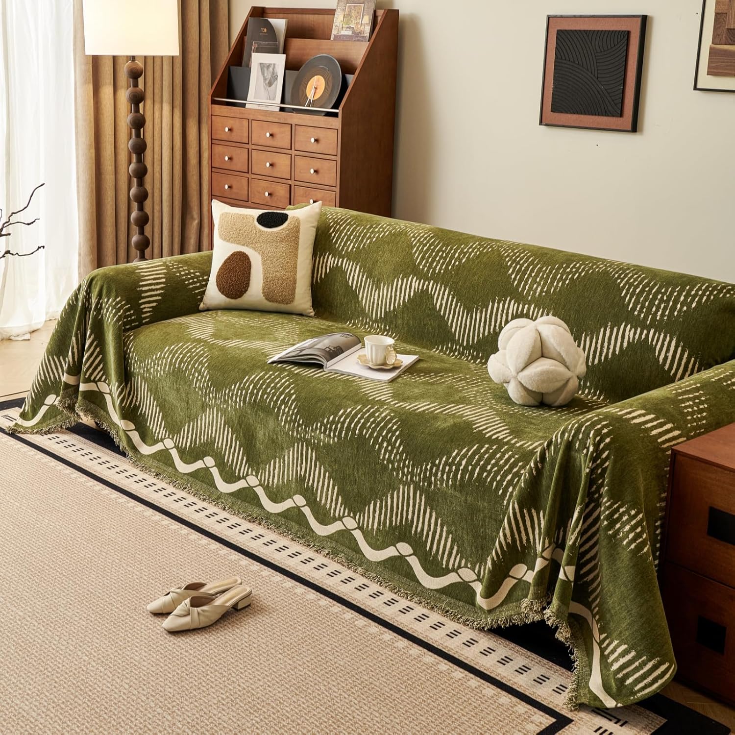 Green Geometric Couch Cover for 3 Cushion Sofa, Boho Reversible Couch Cover Sectional L Shape, Modern Home Decor Chenille Non Slip Washable Large Couch Protector for Dogs 71"x118"