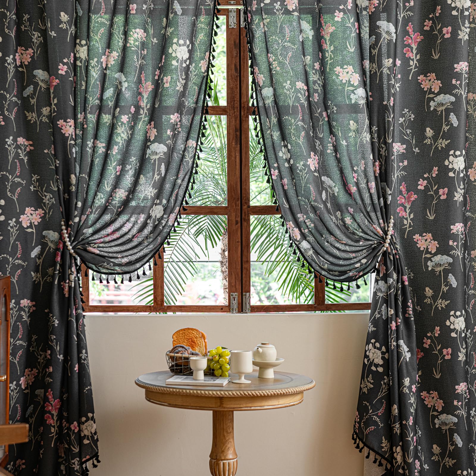 Green Boho Floral Curtains 84", 2 Panels Cotton Linen Semi-Blackout Drapes with Tassel