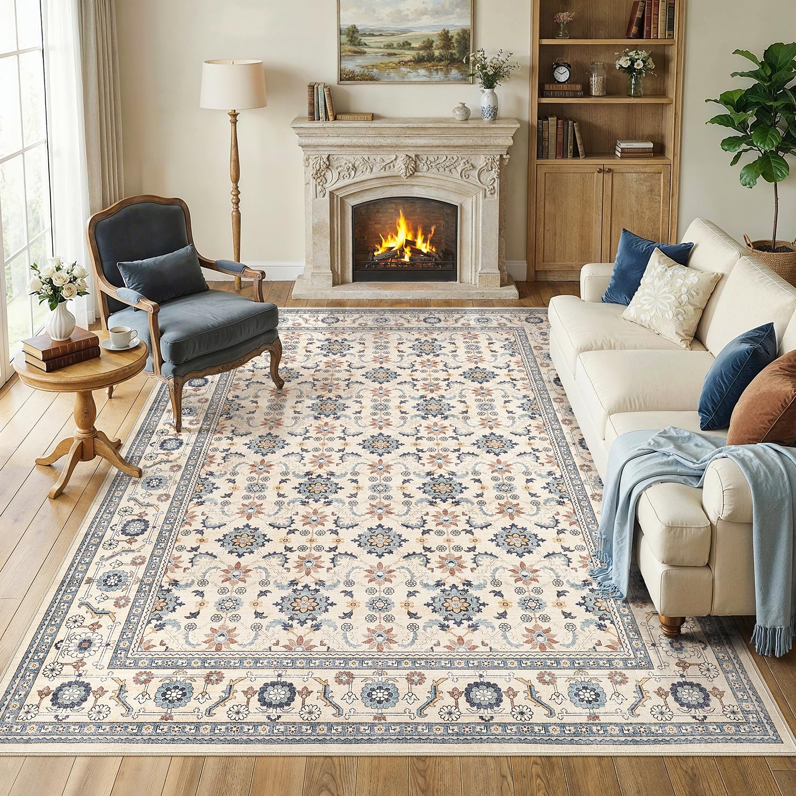 WITSHOCK 10x14 Area Rugs Living Room: Washable Large Neutral Vintage Soft Rug Stain Resistant Non-Slip Farmhouse Indoor Low Pile Floor Carpet for Bedroom Nursery Kids Office- Light Blue