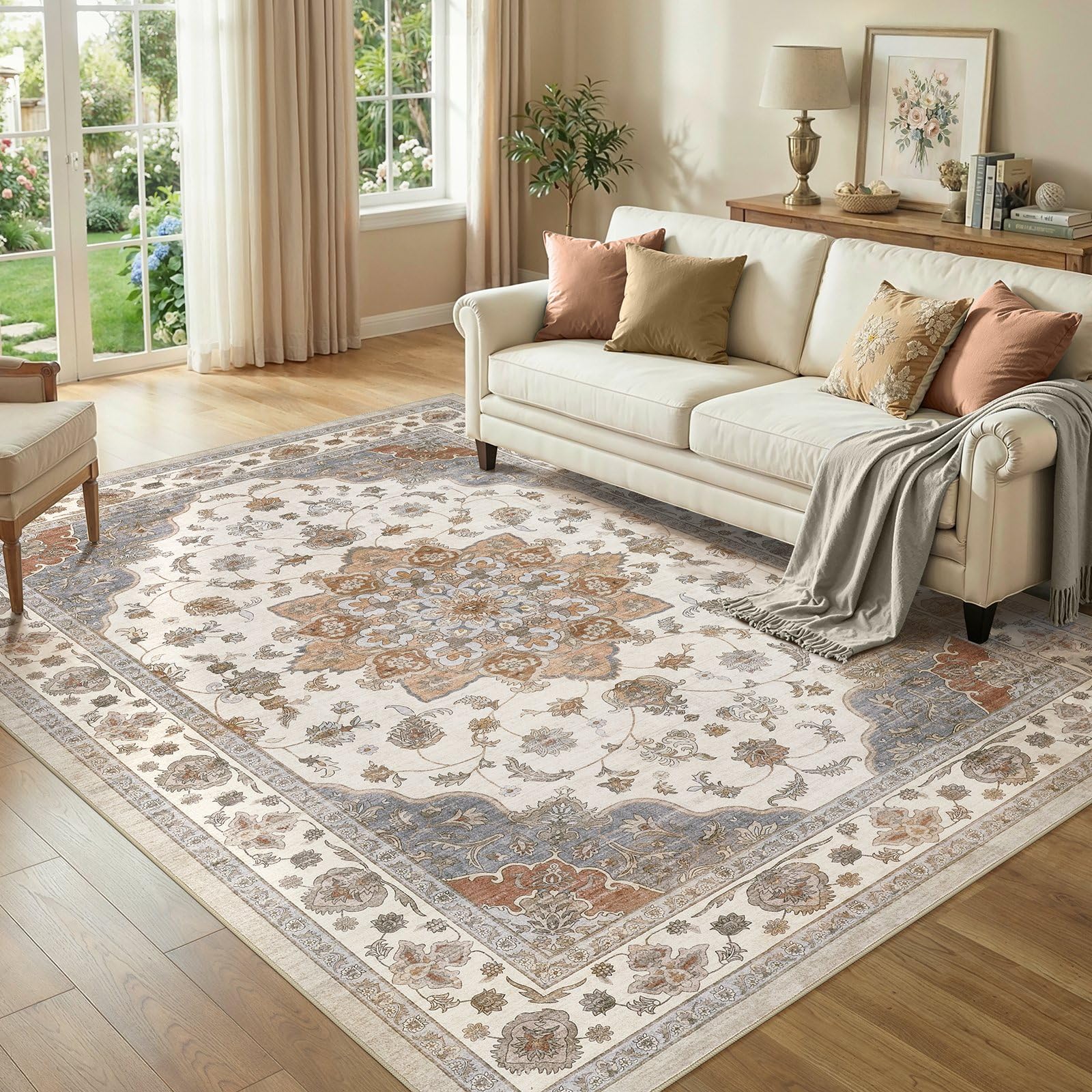 WITSHOCK 10x14 Area Rugs Living Room: Washable Large Neutral Vintage Soft Rug Stain Resistant Non-Slip Farmhouse Indoor Low Pile Floor Carpet for Bedroom Nursery Kids Office- Light Blue