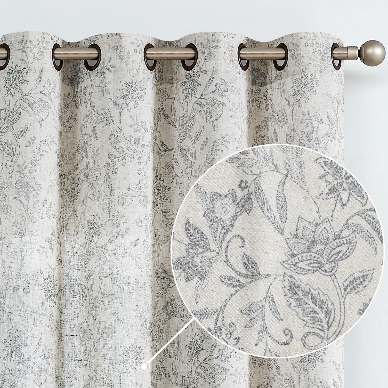 Lazzzy Linen Farmhouse Curtains for Living Room 84 Inch Length Floral Print Window Curtains Semi Sheer Drapes for Bedroom Country Light Filtering Curtain Grommet Top 2 Panels Blue on Beige