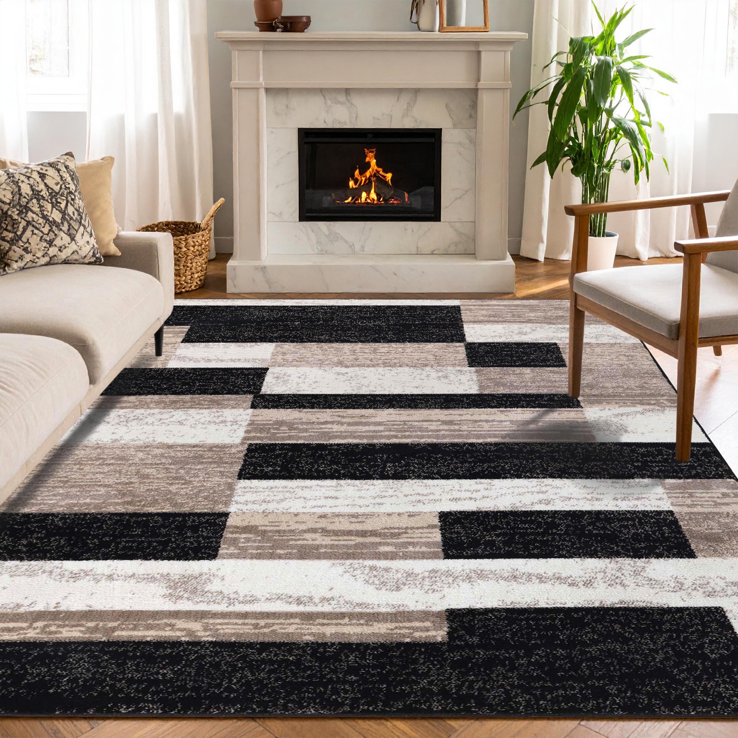 SUPERIOR Indoor Area Rug, Jute Backed, Modern Geometric Patchwork Floor Decor for Bedroom, Office, Living Room, Entryway, Hardwood Floors, Rockwood Collection, 4' x 6', Chocolate