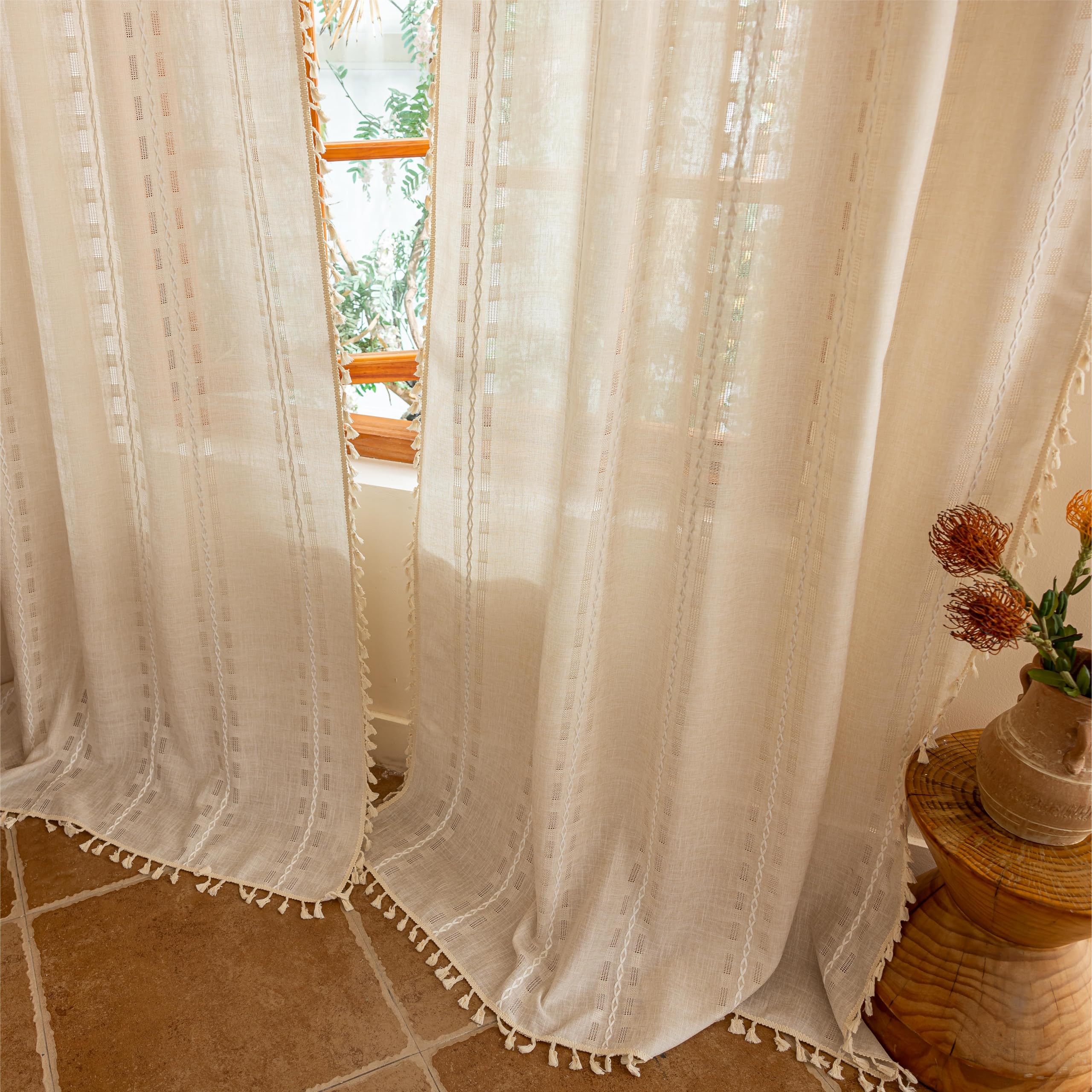 Blue Boho Sheer Curtains 72 inches Long 2 Panels for Bedroom, Light filtering Semi Sheer Bohemian French Country Privacy Tassels Vintage Chic Embroidery Stripes Window Curtains Back Tab, 50" W