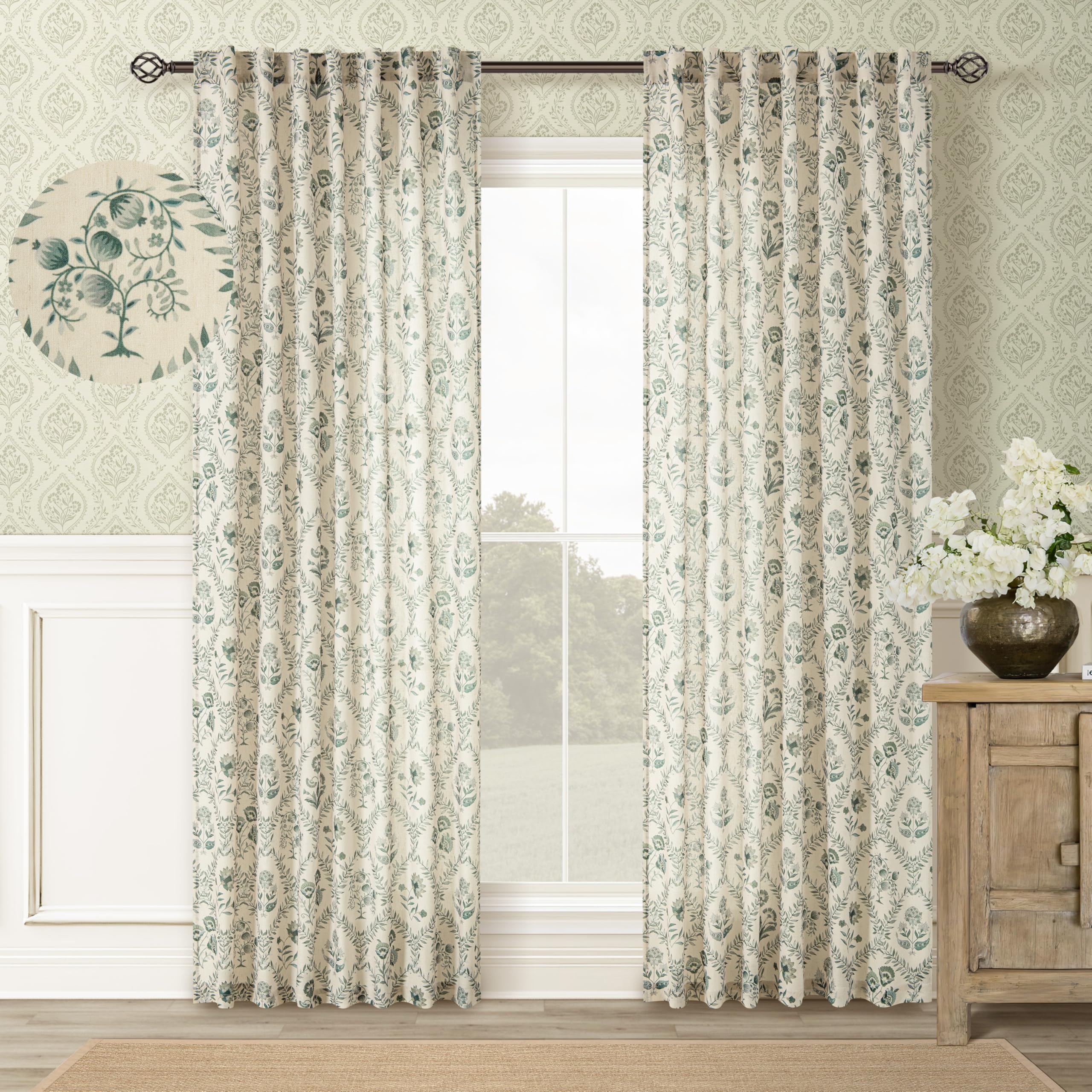 TWOPANELS Spring Farmhouse Floral Linen Curtains 84 Inch Length for Living Room Bedroom 2 Panels Semi Sheer Curtains Back Tab Tan Brown Patterned Flower on Beige Farmhouse Boho Rustic Window Drapes
