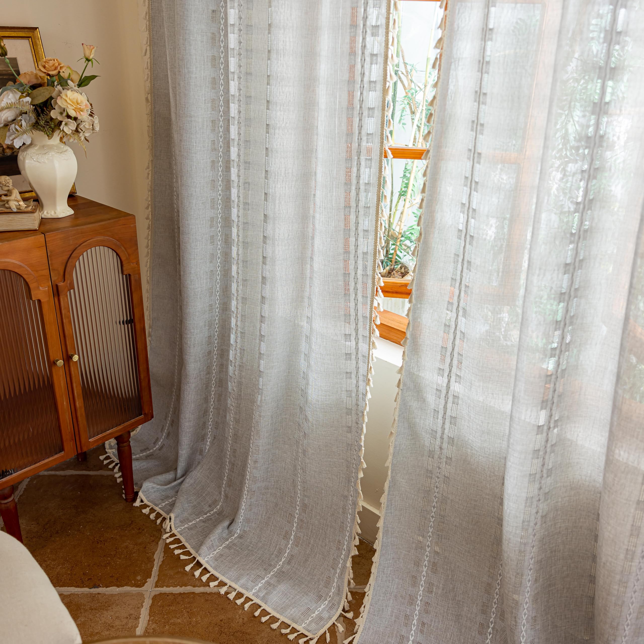 Blue Boho Sheer Curtains 72 inches Long 2 Panels for Bedroom, Light filtering Semi Sheer Bohemian French Country Privacy Tassels Vintage Chic Embroidery Stripes Window Curtains Back Tab, 50" W