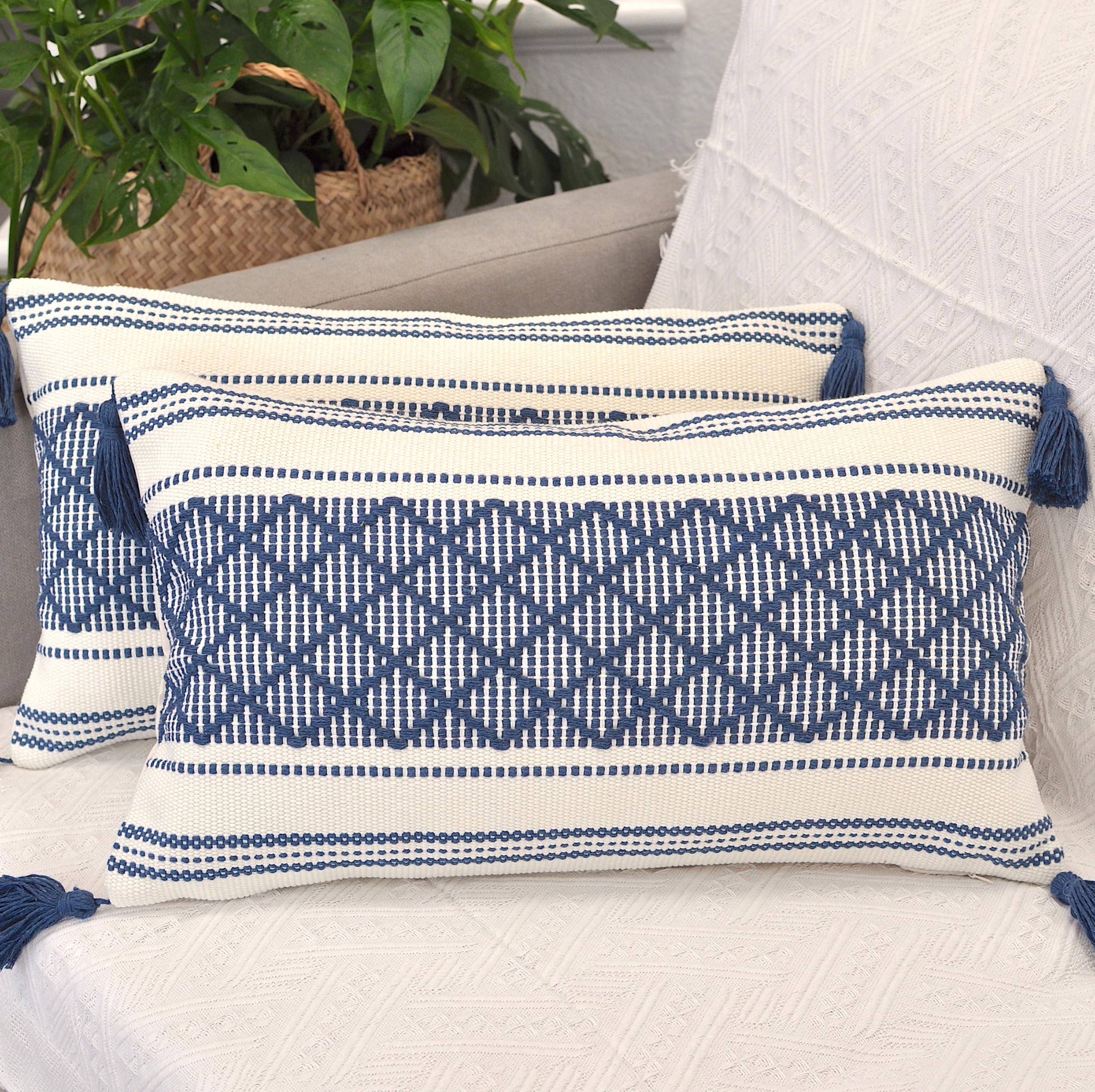 Boho Throw Pillow Covers with Tassels Navy Blue 16x16 inches Set of 2 Checkered Geometric Pattern/Decorative Square Pillow Covers for Couch Sofa Indoor Outdoor/Farmhouse Accent Pillow Cases