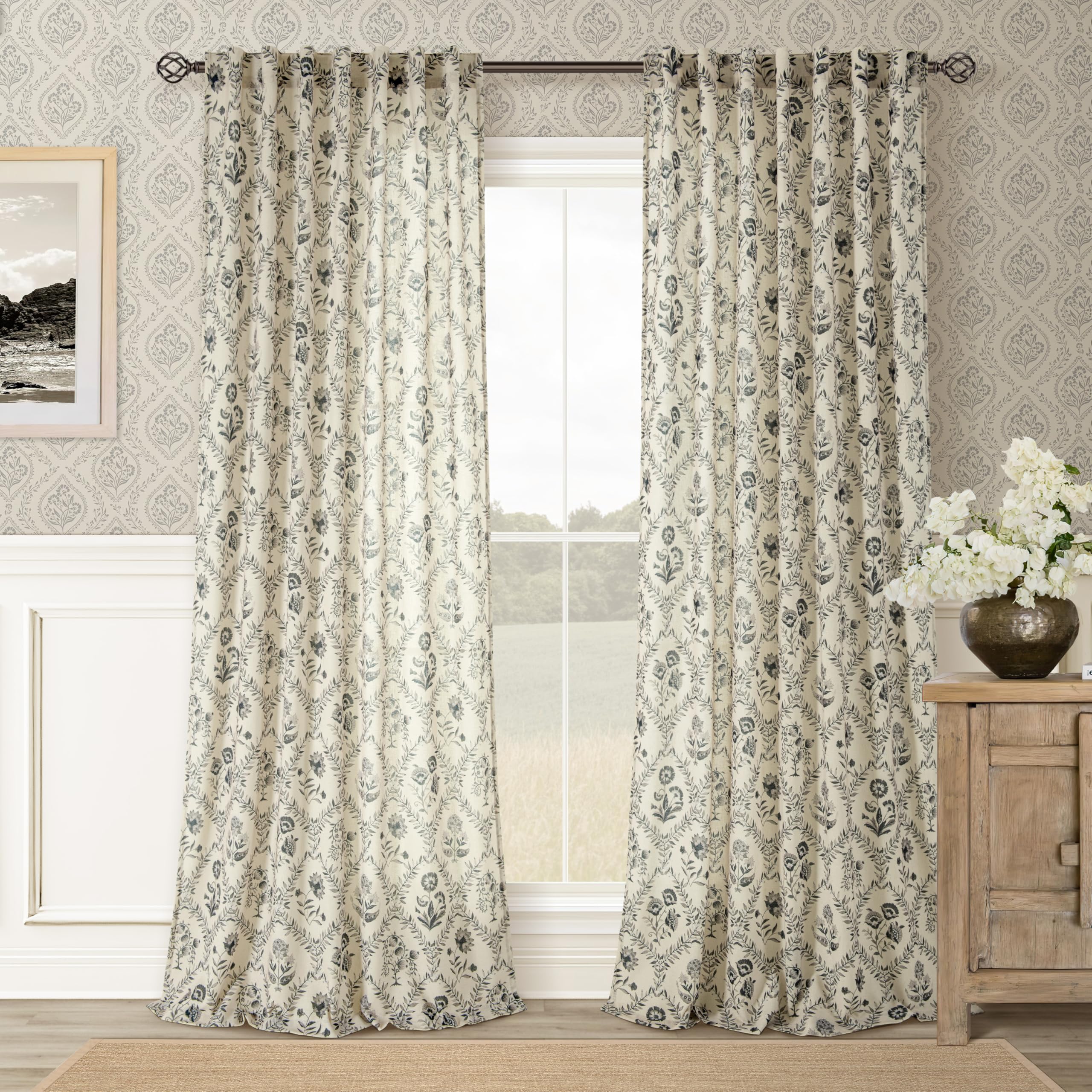 TWOPANELS Spring Farmhouse Floral Linen Curtains 84 Inch Length for Living Room Bedroom 2 Panels Semi Sheer Curtains Back Tab Tan Brown Patterned Flower on Beige Farmhouse Boho Rustic Window Drapes