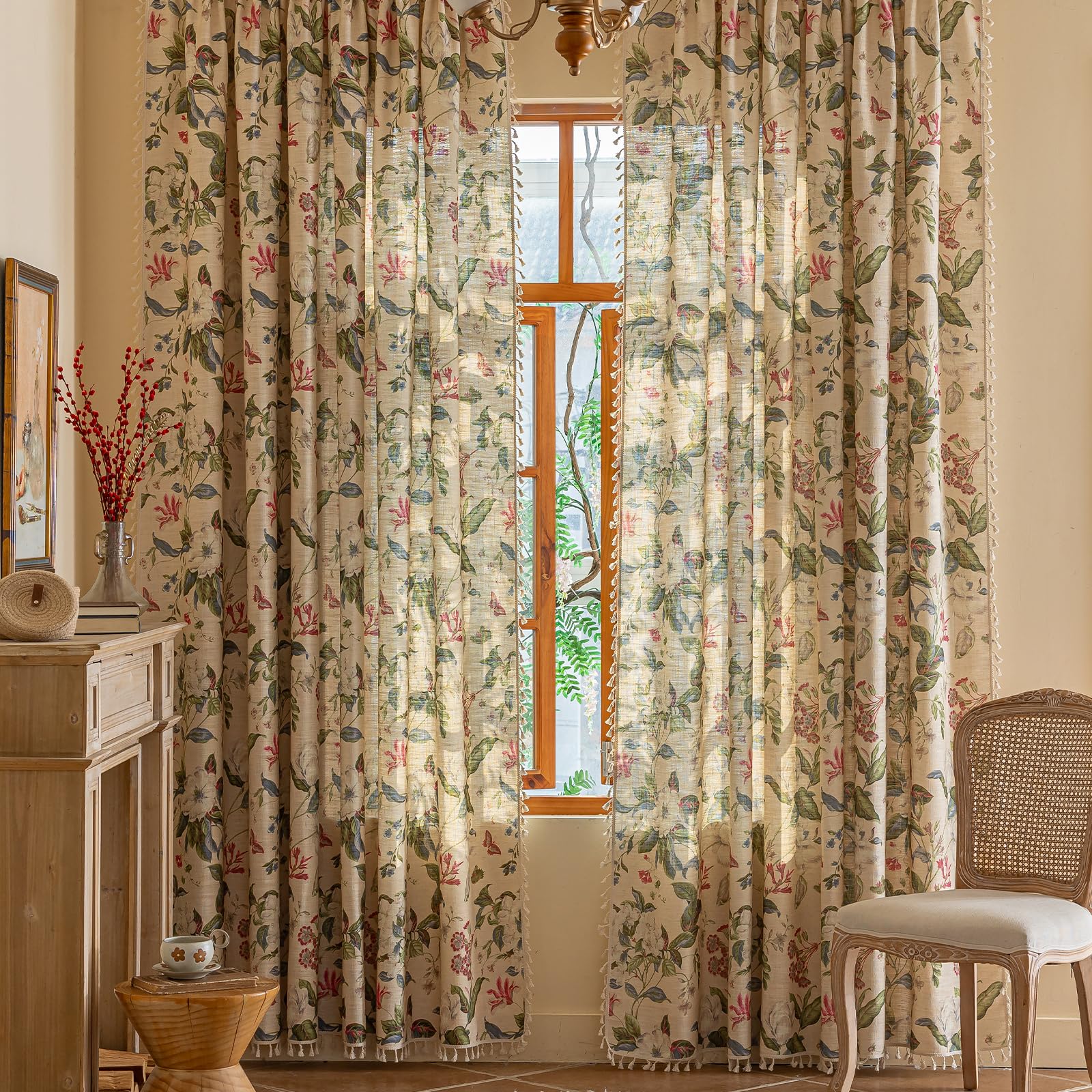 Green Boho Floral Curtains 84", 2 Panels Cotton Linen Semi-Blackout Drapes with Tassel