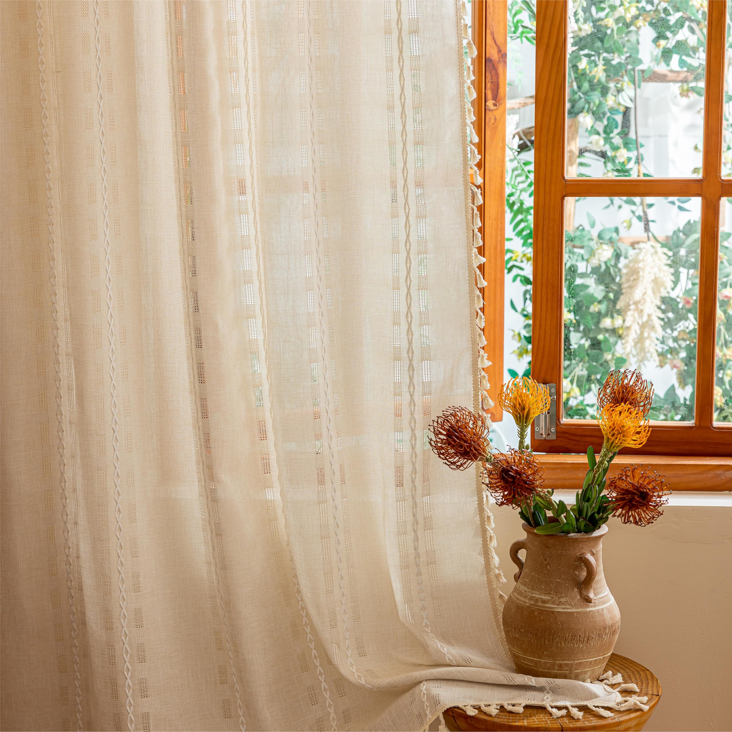 Blue Boho Sheer Curtains 72 inches Long 2 Panels for Bedroom, Light filtering Semi Sheer Bohemian French Country Privacy Tassels Vintage Chic Embroidery Stripes Window Curtains Back Tab, 50" W