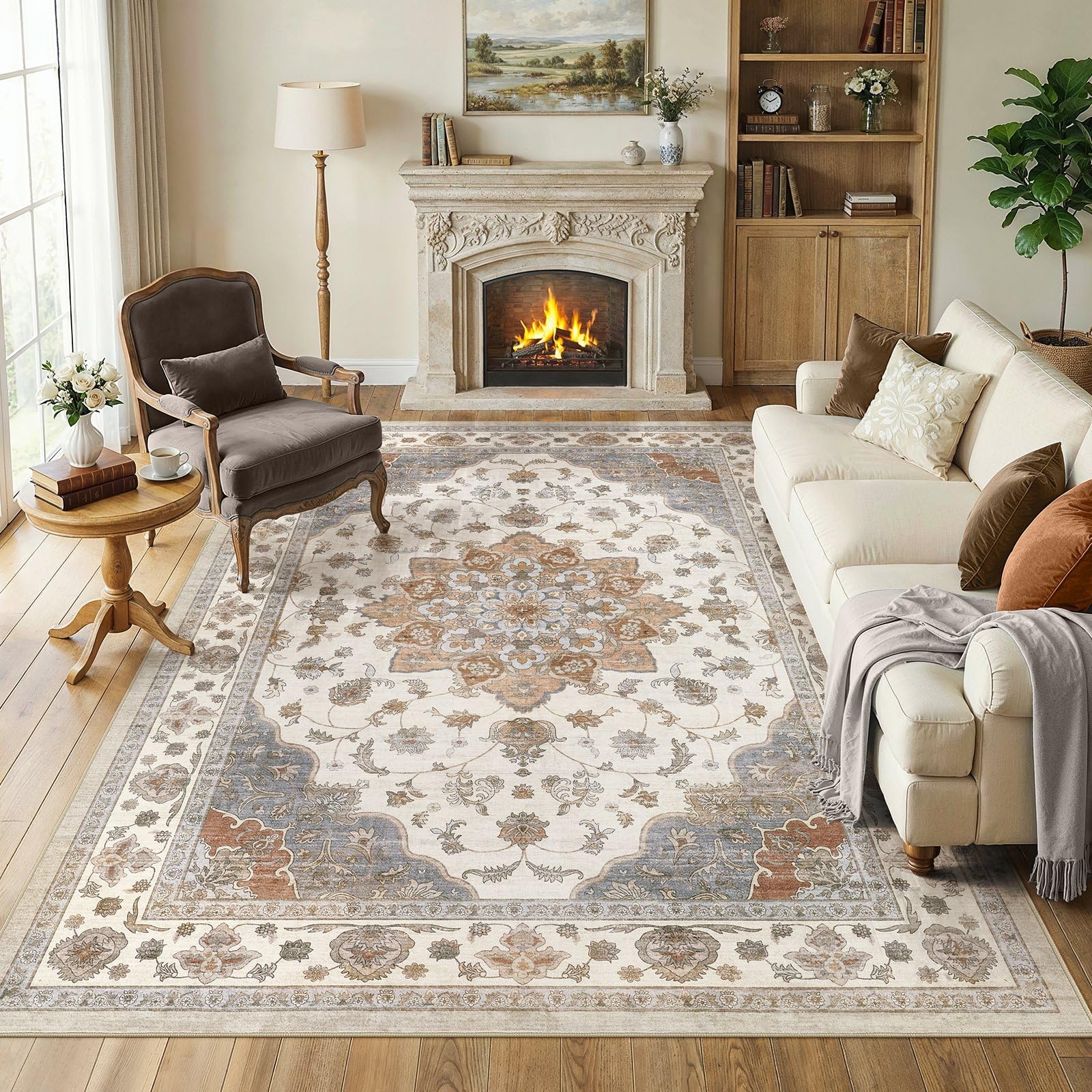 WITSHOCK 10x14 Area Rugs Living Room: Washable Large Neutral Vintage Soft Rug Stain Resistant Non-Slip Farmhouse Indoor Low Pile Floor Carpet for Bedroom Nursery Kids Office- Light Blue