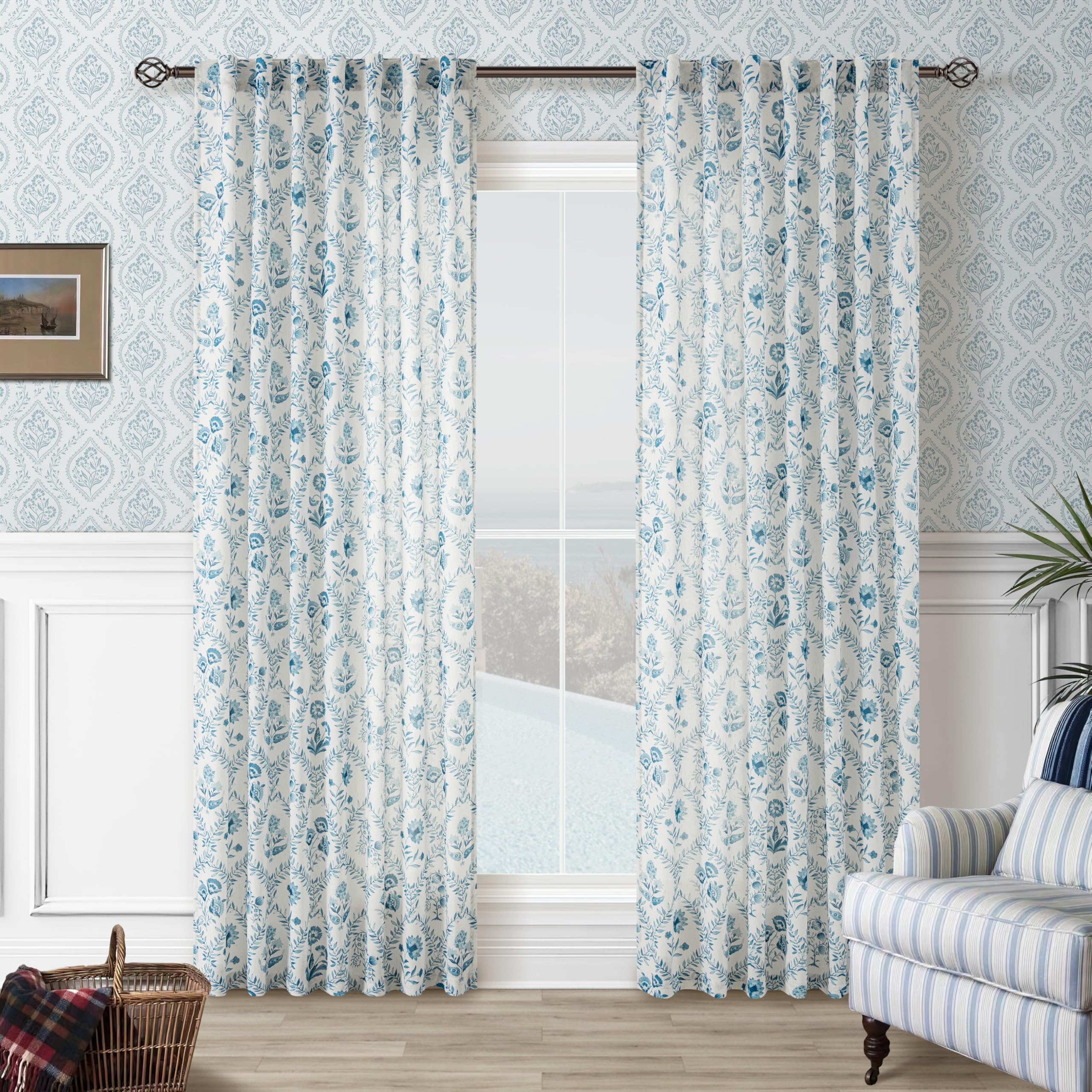 TWOPANELS Spring Farmhouse Floral Linen Curtains 84 Inch Length for Living Room Bedroom 2 Panels Semi Sheer Curtains Back Tab Tan Brown Patterned Flower on Beige Farmhouse Boho Rustic Window Drapes